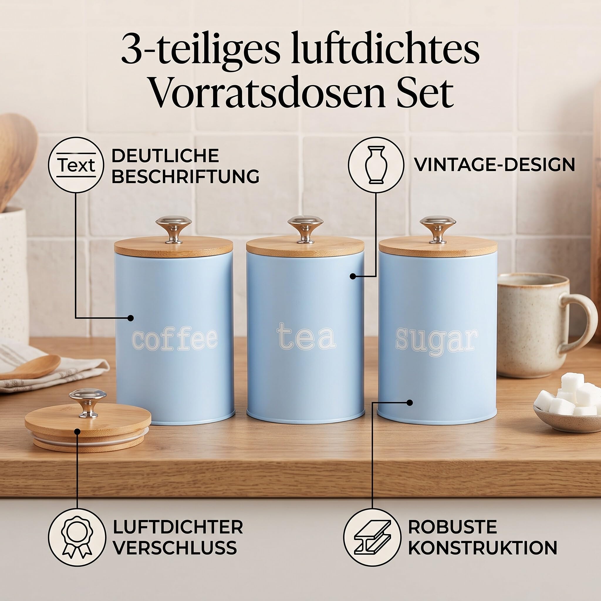 3 Contenitori in Metallo Stile Vintage, Barattoli Ermetici da, con Coperchi in Legno, Contenitori in Ferro, per tè, caffè, Zucchero (BLUE)