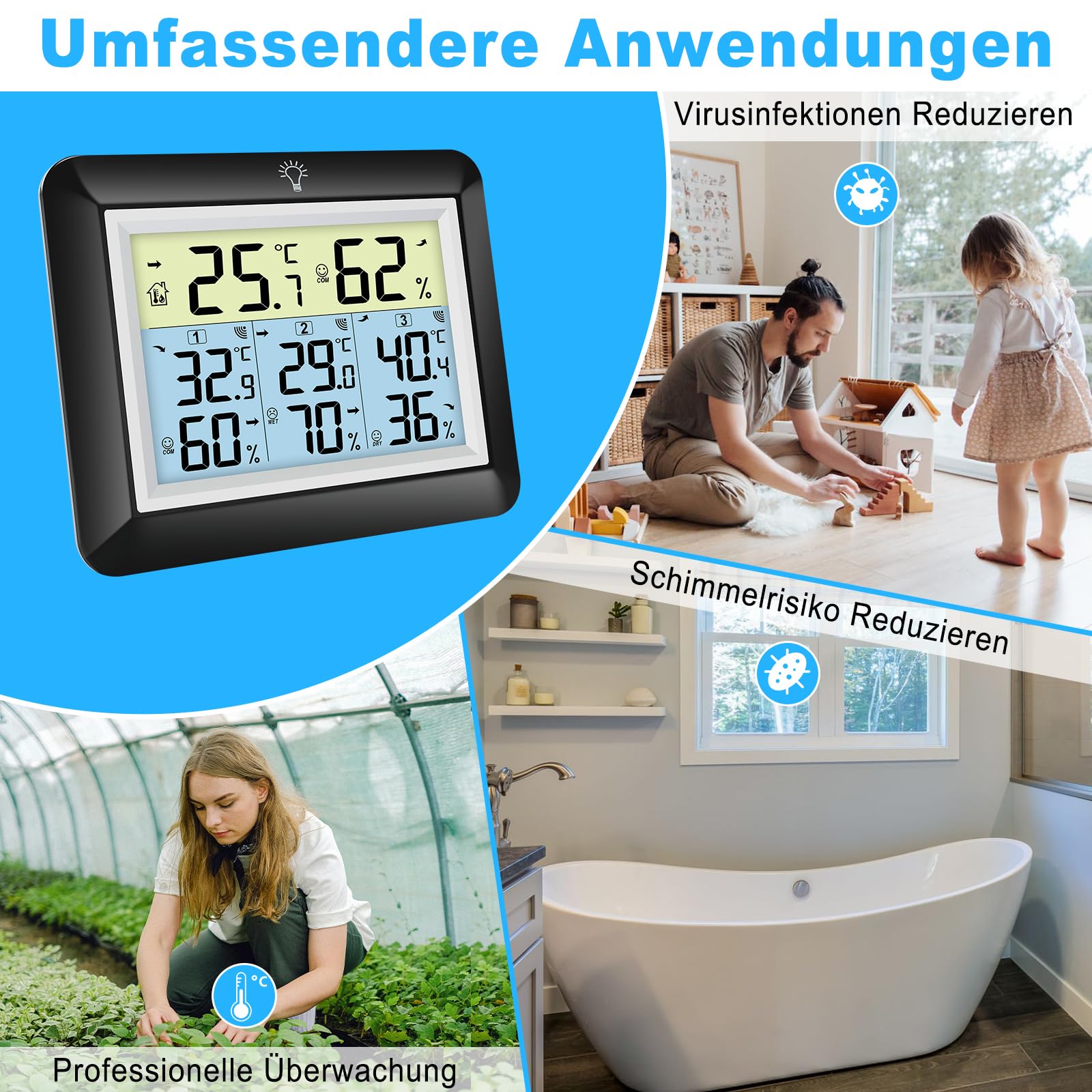 Urageuxy Funk Thermometer mit 3 Außensensoren - Wetterstation mit 100m Reichweite, Digital Hygrometer Thermometer mit Großem LCD-Display, MIN/MAX-Aufzeichnung, Einfache Bedienung (Schwarz)