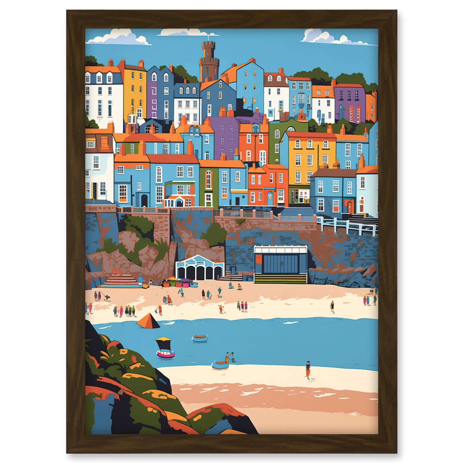 Artery8 Tenby Castle Beach in Wales Colourful Townscape Artwork Framed A3 Wall Art Print