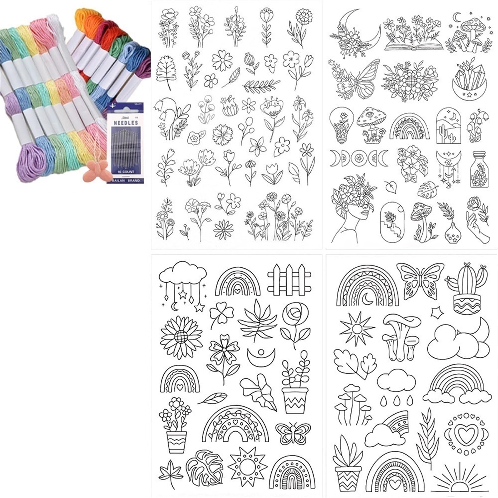 Kit Plantilla Bordado Patrones de bordado solubles en agua preimpresos, estabilizador autoadhesivo no tejido, artesanía costura artesanal for decoración ropa(4ST-16Color Thread)