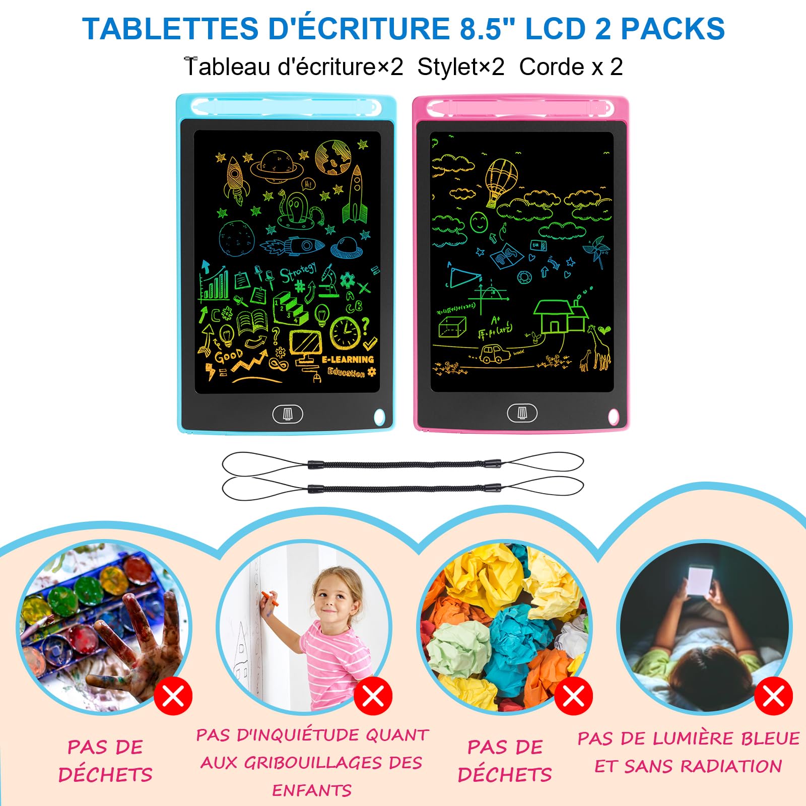 2 Pack 8,5 Pouces Tablette Dessin Enfant, Electight Tablette d'écriture LCD colorée avec Fonction de Verrouillage D'effacement, Anniversaire, Educatif Cadeau pour 2, 3, 4, 5, 6 7 Ans (Rose, Bleu)