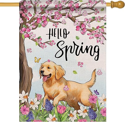 Artofy Hello Spring Golden Retriever Dog - Bandera decorativa pequeña para jardín, diseño de narciso rosa para cachorro, decoración exterior de