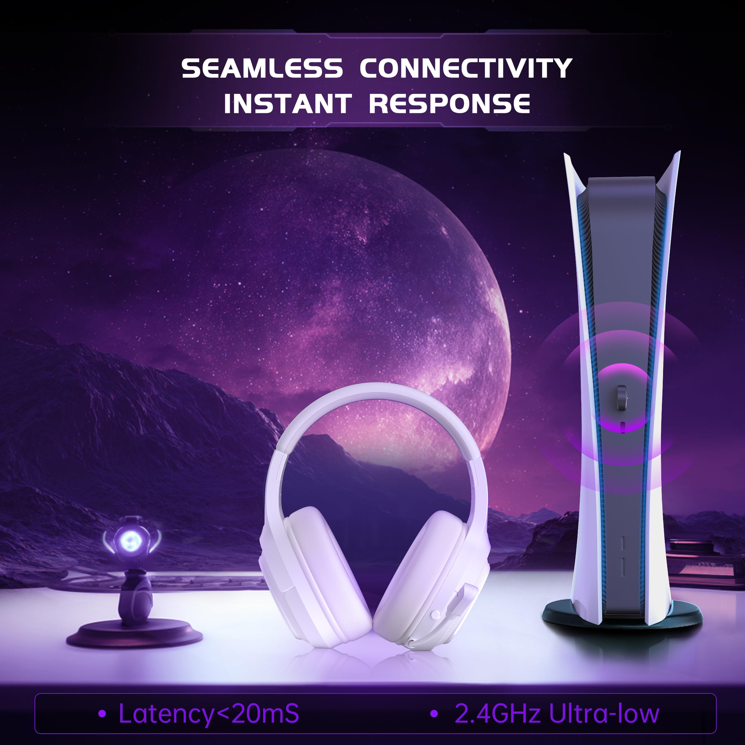 Wireless Gaming Headset for PS5, PS4, PC, Switch - Bluetooth 5.3 with Noise Canceling Microphone, 50-Hour Battery, Type-C Charging Gaming Headphones - White — view 5