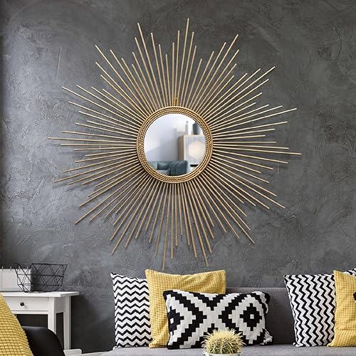 Miniatura 6 de APLUSH Espejo de pared dorado con forma de explosión de sol de mediados de siglo, moderno Starburst, gran círculo colgante decorativo, para sala de