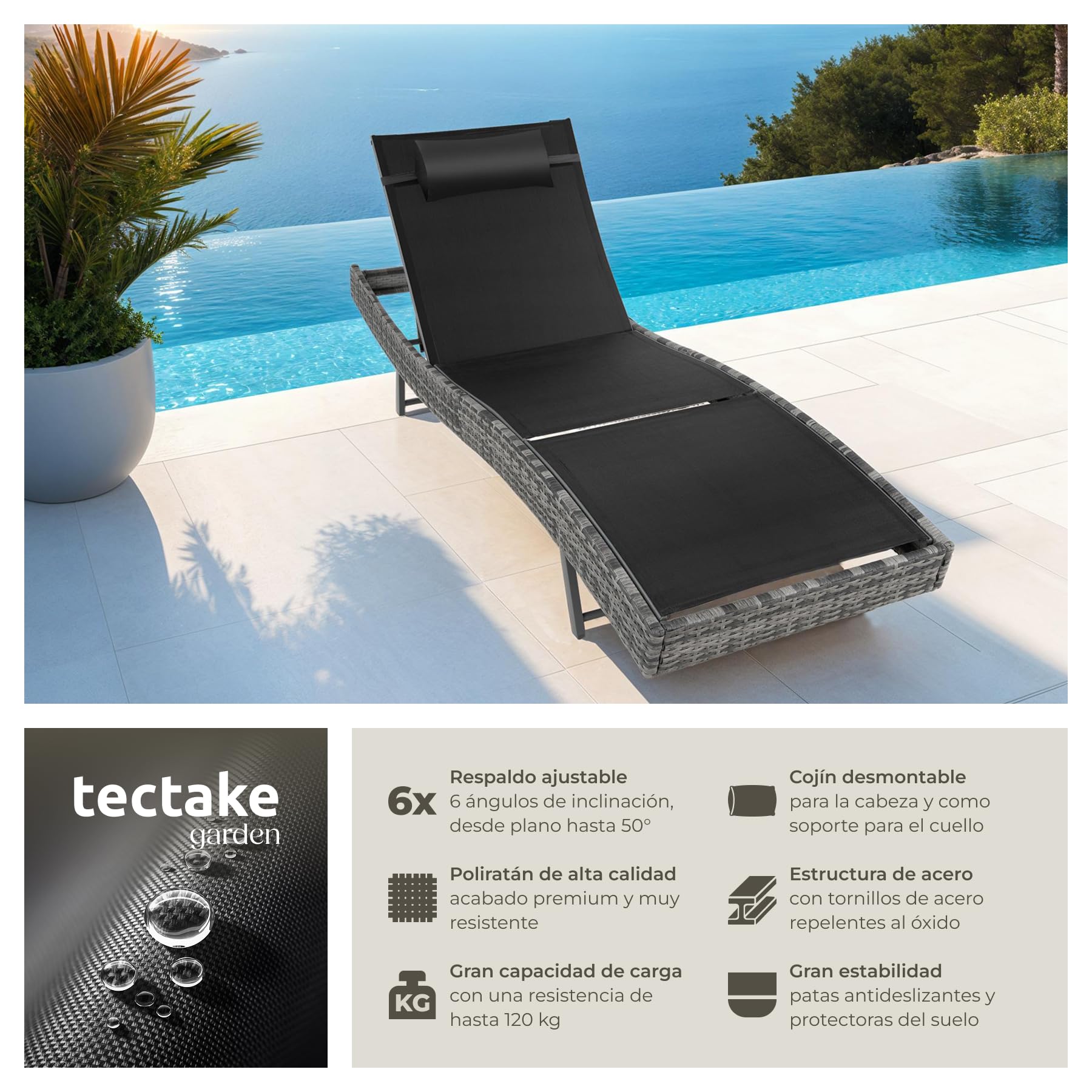 tectake® Tumbona Plegable para Jardín, Estructura de Aluminio con Techo Solar, Ajustable, Resistente a Intemperie, Bolsillo Lateral, Tumbonas Jardin Exterior, Muebles Jardin Exterior - Gris Jaspeado