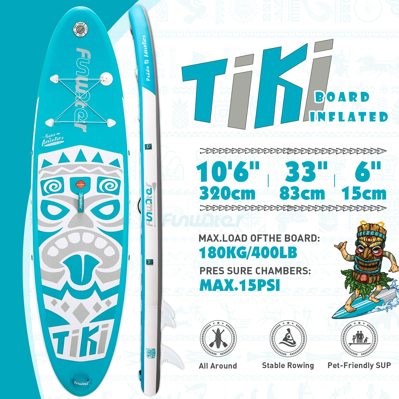 FunWater Nadmuchiwana deska surfingowa SUP, kompletny zestaw akcesoriów do paddleboardingu, regulowane wiosło, pompka, plecak podróżny, smycz, wodoszczelna torba, deska do wiosłowania dla dorosłych
