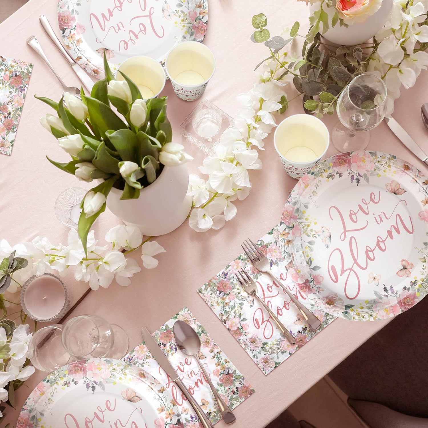 Zhehao 250 Pcs Love in Bloom Bridal Shower Plates Napkins Sets 50 Pcs 9'' Dinner Plates and 7'' Dessert Plate and 9oz Cups 100 Napkins Serves 50 Party Supplies Bridal Shower Engagement Decoration