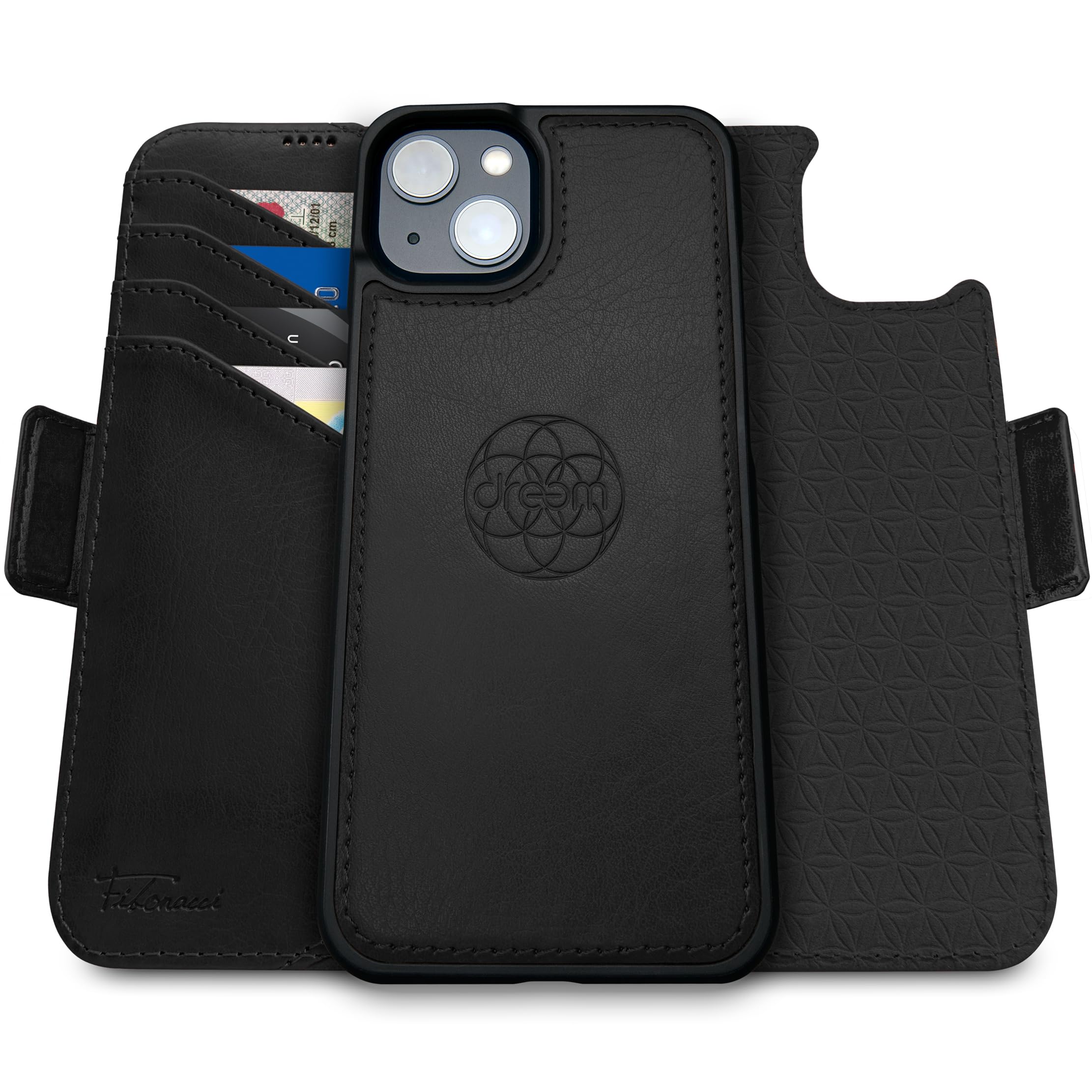 Dreem Wallet Case for iPhone 15, Revolutionary Vert/Hor Phone Stand, Magnetic Detachable Vegan Leather Flip Cover RFID Blocking Card Holder,