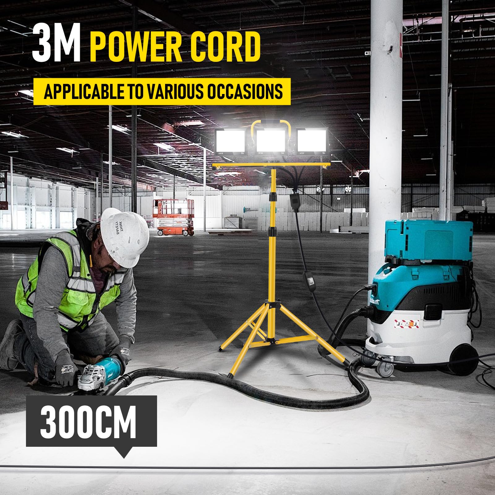 Foco de Trabajo LED 300W con Trípode Telescópico, 30000LM 6500K Foco de Trabajo LED con Enchufe Cable de 3m, Rotación de 360°, IP66 Impermeable Luz de Trabajo para Taller, Obras, Garaje