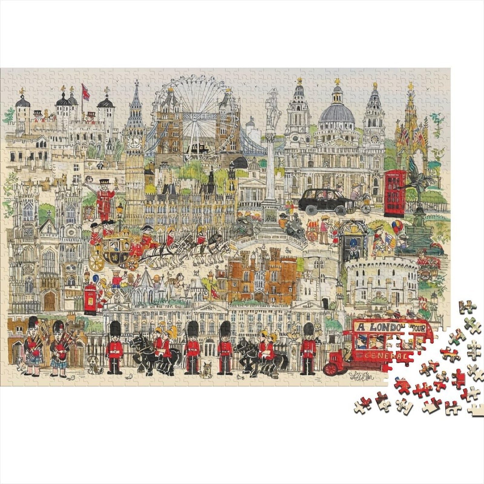 London Landmarks Illustration Jigsaw Puzzles Puzzle for Adults Kids. 1000 Pieces Whimsical Challenge Toy Educational Game Home Decoration for Adults& Kids Age 14 Years Up 52x38cm/1000pcs