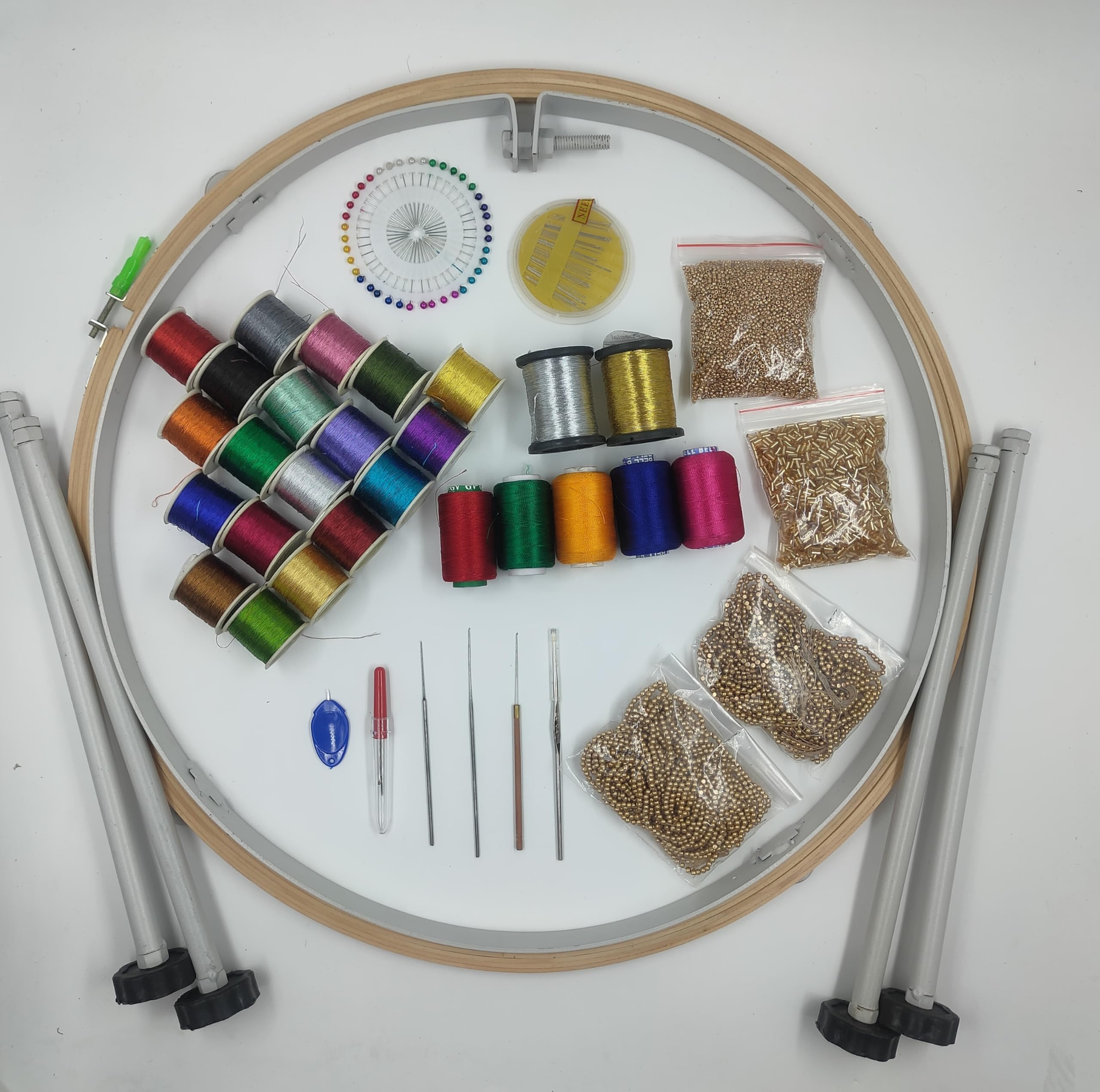 Aari/maggam Work Stand with Wooden Frame ,18’’ aari Embroidery Frame with Stand ,maggam Work Stand Tambour Stand and Wooden Hoop 18" zari Thread Gold,Silver,Multicolor and Other Combo-image-14