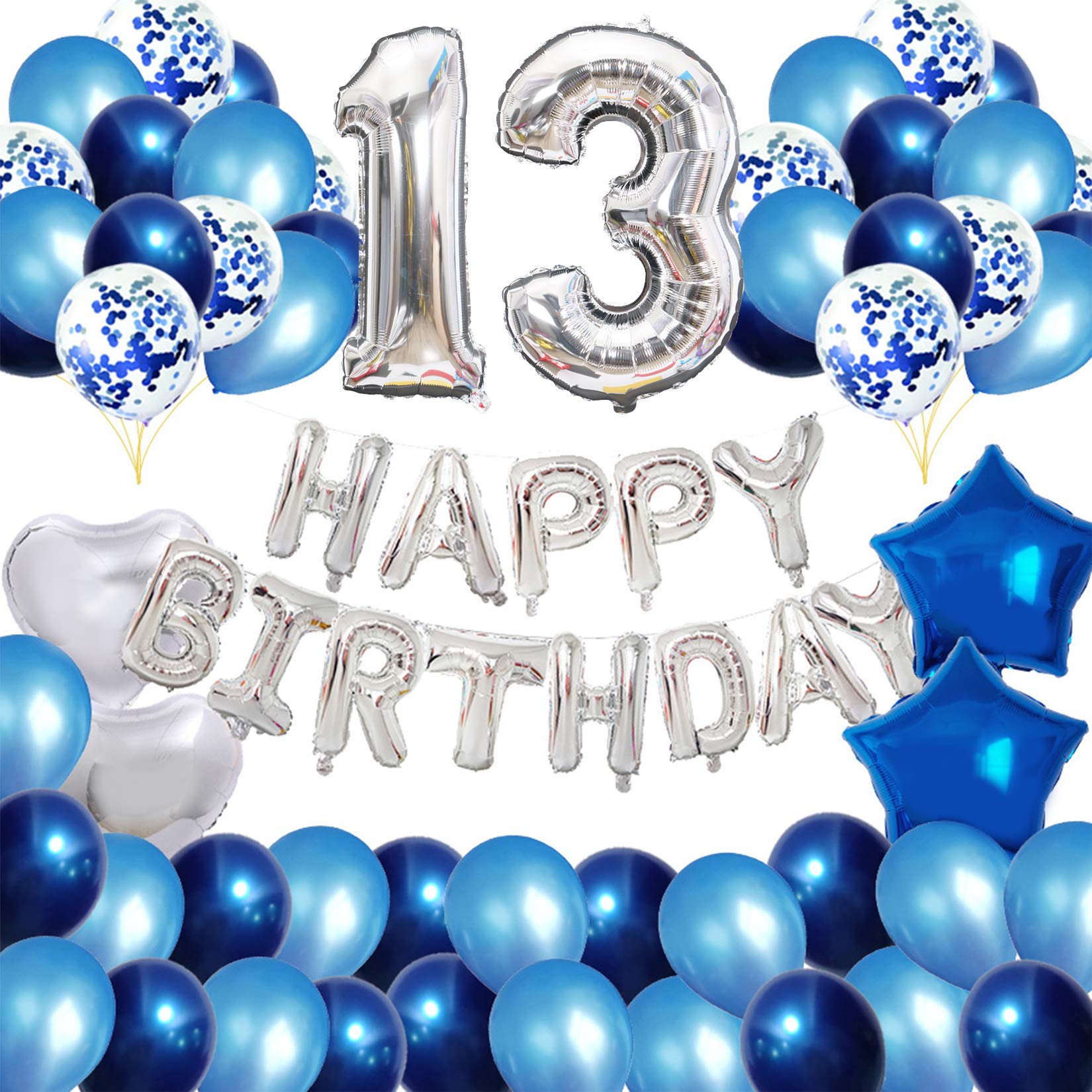 13th Birthday Party Decoration, Number 13 Birthday Balloons, Happy Birthday Banner, Blue Latex Confetti Balloon, 13 Years Old Birthday Decoration Supplies for Boys Girls
