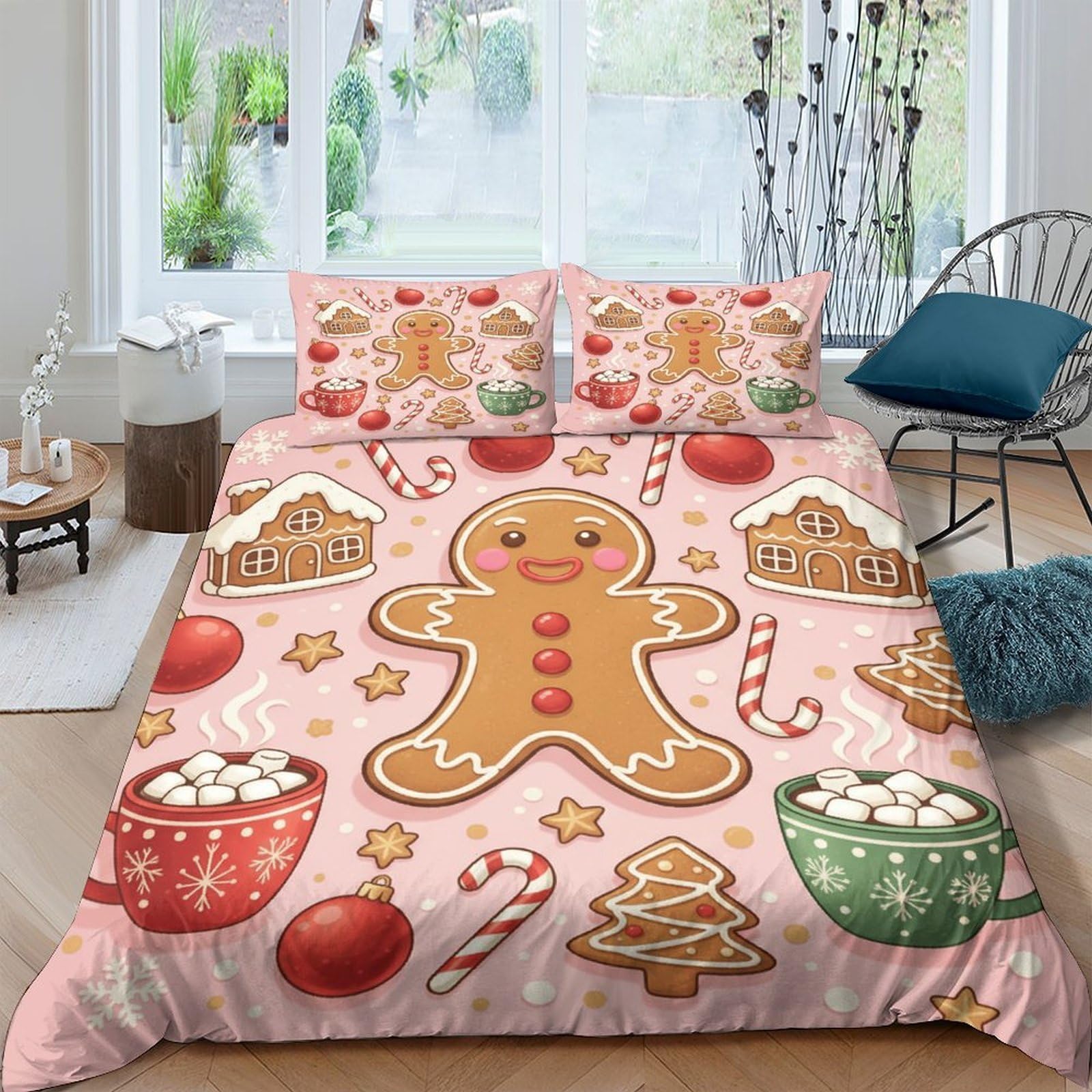 GPLZQXKJNH 3D Printed Gingerbread Christmas Duvet Cover Microfiber Soft Breathable Hot Cocoa Bedding Set with 2 Pillowcases for Bedroom Decoration Single（135x200cm）