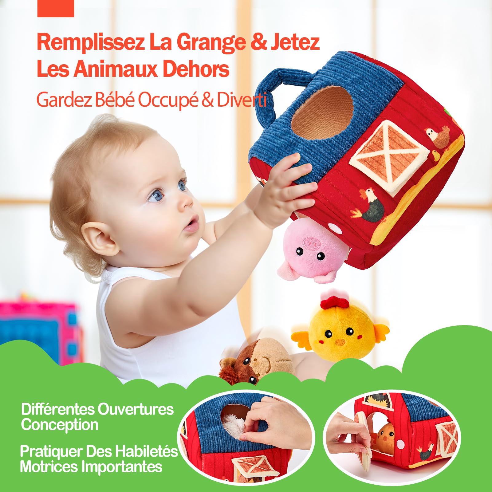 Hahaland Jouet Bébé Animaux de la Ferme en Peluche, Jeux Montessori avec Grange, Hochets, Miroirs Jouet Sensoriel Bébé 0-6 Mois, Cadeau Bébé Enfant 3-6-9 Mois Garçon Fille