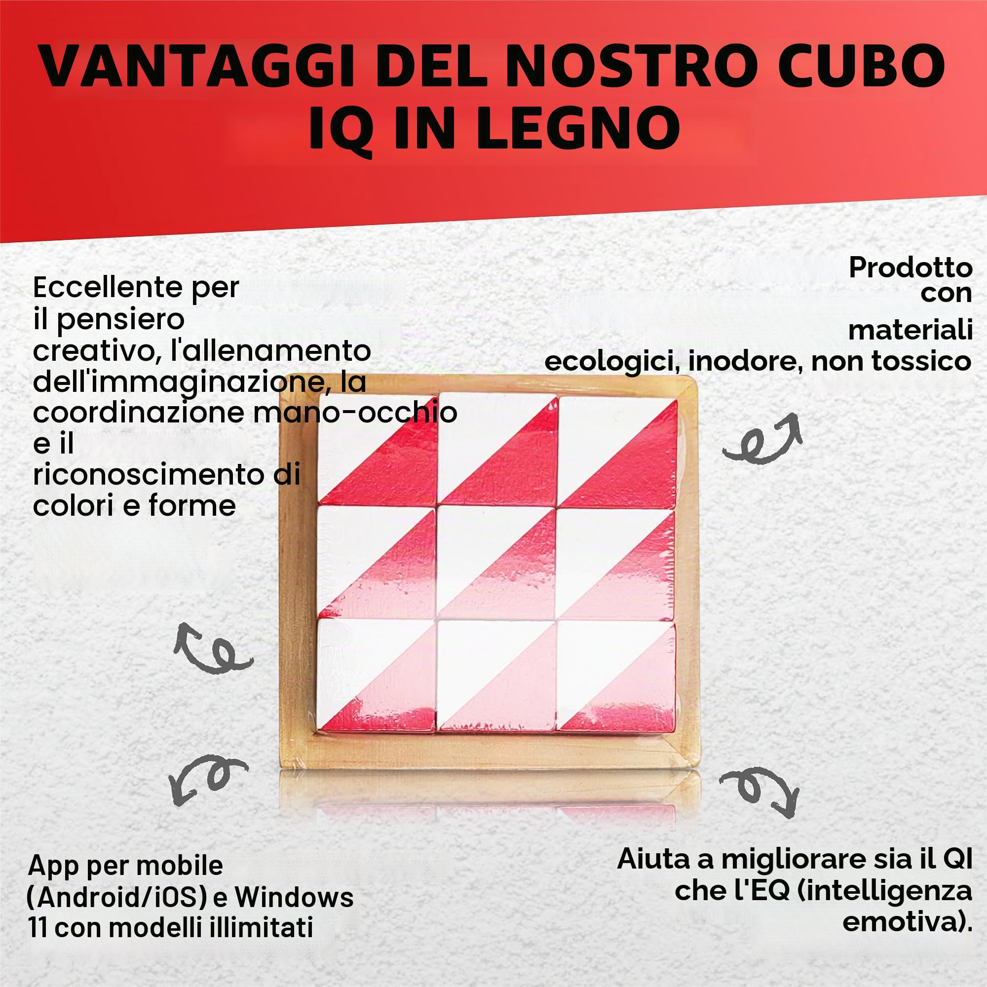 PrfcNL Blocchi di Prova IQ - 9 Cubi in Legno Bianco e Rosso con 60 Modelli e App Mobile, Ideali per WISC, WAIS, Prep WPPSI, Giocattolo Regalo Montessori Educativo STEM per Tutte le Età