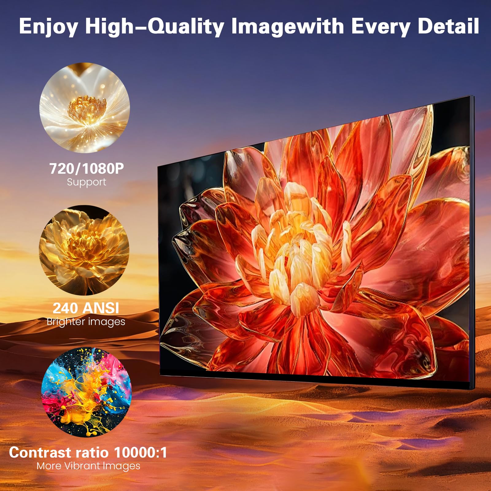 [App intégrée] Vidéoprojecteur 4K 1080P, Mini Projecteur Portable 180° Rotation WiFi 6 BT 5.4, Projecteur Full HD 1080P Auto Correction Trapézoïdale Horizontale