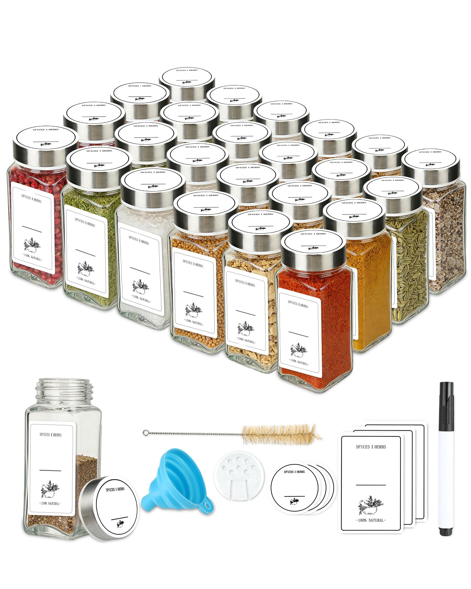 24 Botes Especias Cristal 120ml, Botes para Especias Cuadrados con Distribuidor y Etiquetas Impermeables, Embudo, Marcador Permanente y Cepillo, Organizador de Especias