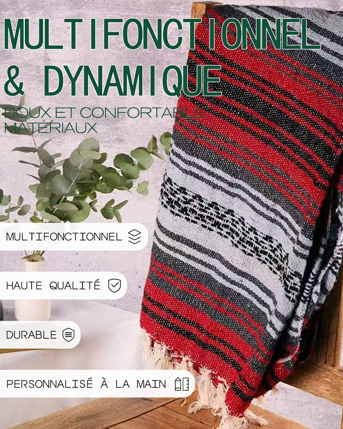 Couverture tricotée mexicaine à main pour canapé, jeté pour méditation, yogamatte, Boho pour camping en plein air, pique-nique, couverture de festival (Bleu)