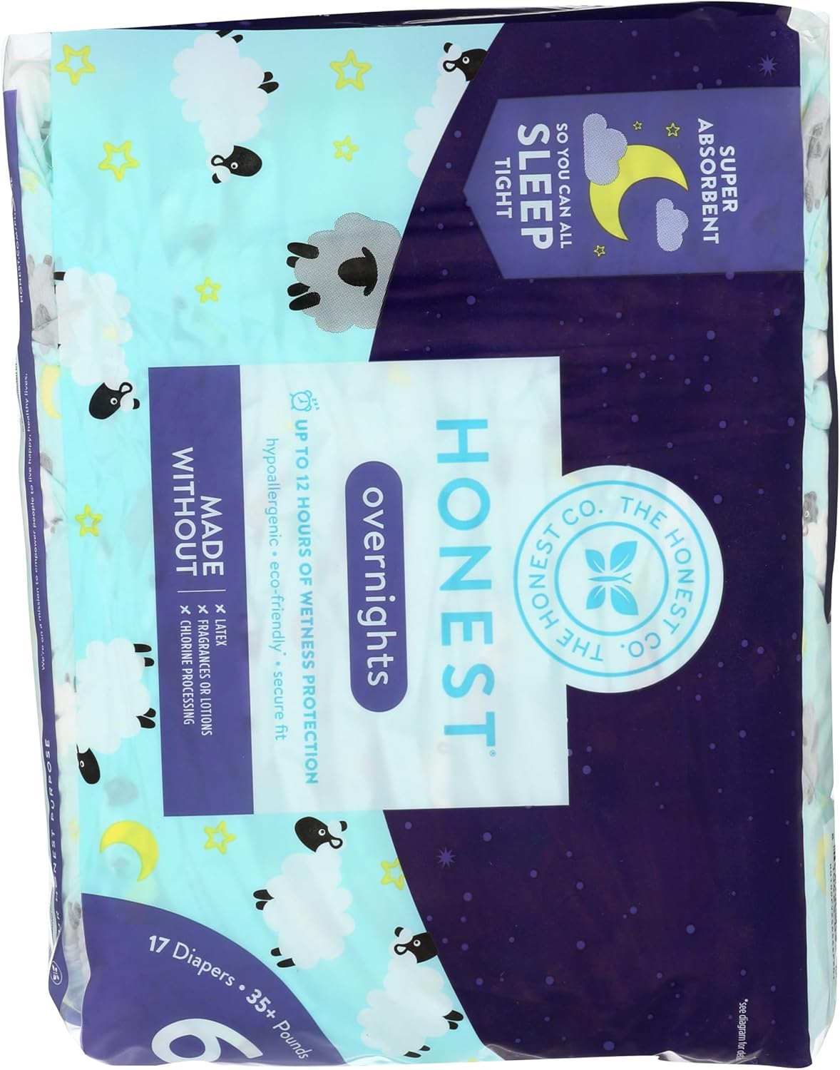 Honest, Overnight Diapers Sleepy Sheep Size 6, 25 Ounce, 17 Count