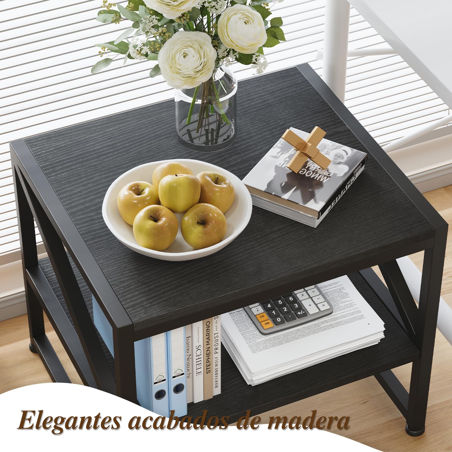 CAIYUN Mesa Auxiliar Salón 50x50x51,5 cm, Mesa de Centro de 2 Niveles Carga Máxima 90 kg, Estilo Industrial con Estructura de Metal, Soporte para Mini Nevera Acuario Impresora, Negro