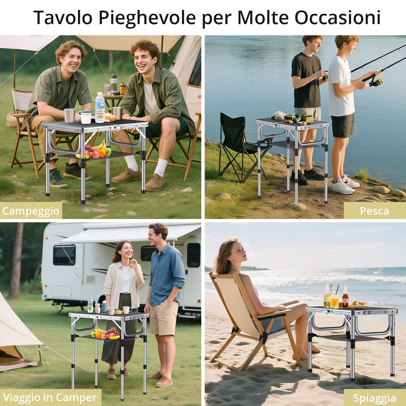 Anbte Tavolo da Campeggio Pieghevole Regolabile in Alluminio Portatile 3 Altezze con Rete di Stoccaggio Nero