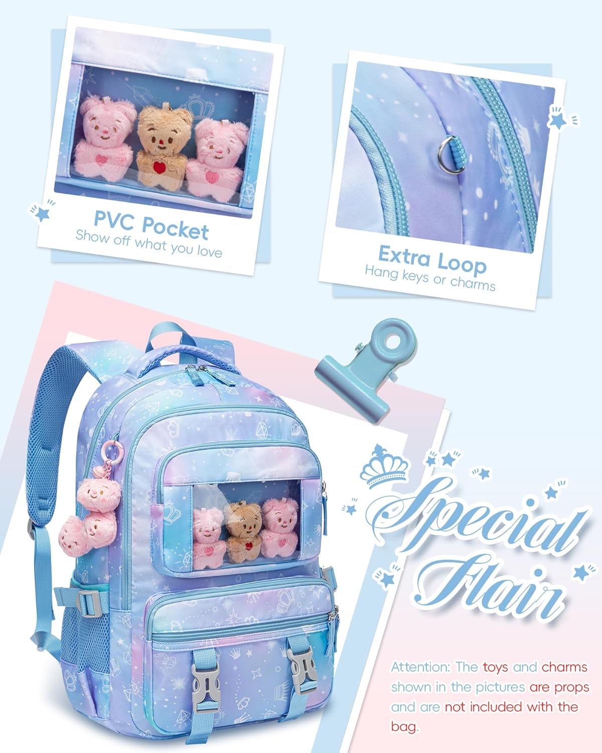 Kids School Backpack for Girls Ages 6-8 8-10 10-12 12-14 Elementary Middle School Book Bags with Laptop Compartment for Teens Teenagers Girls Mochilas Escolares para Niñas (Blue/Pink, Crown)