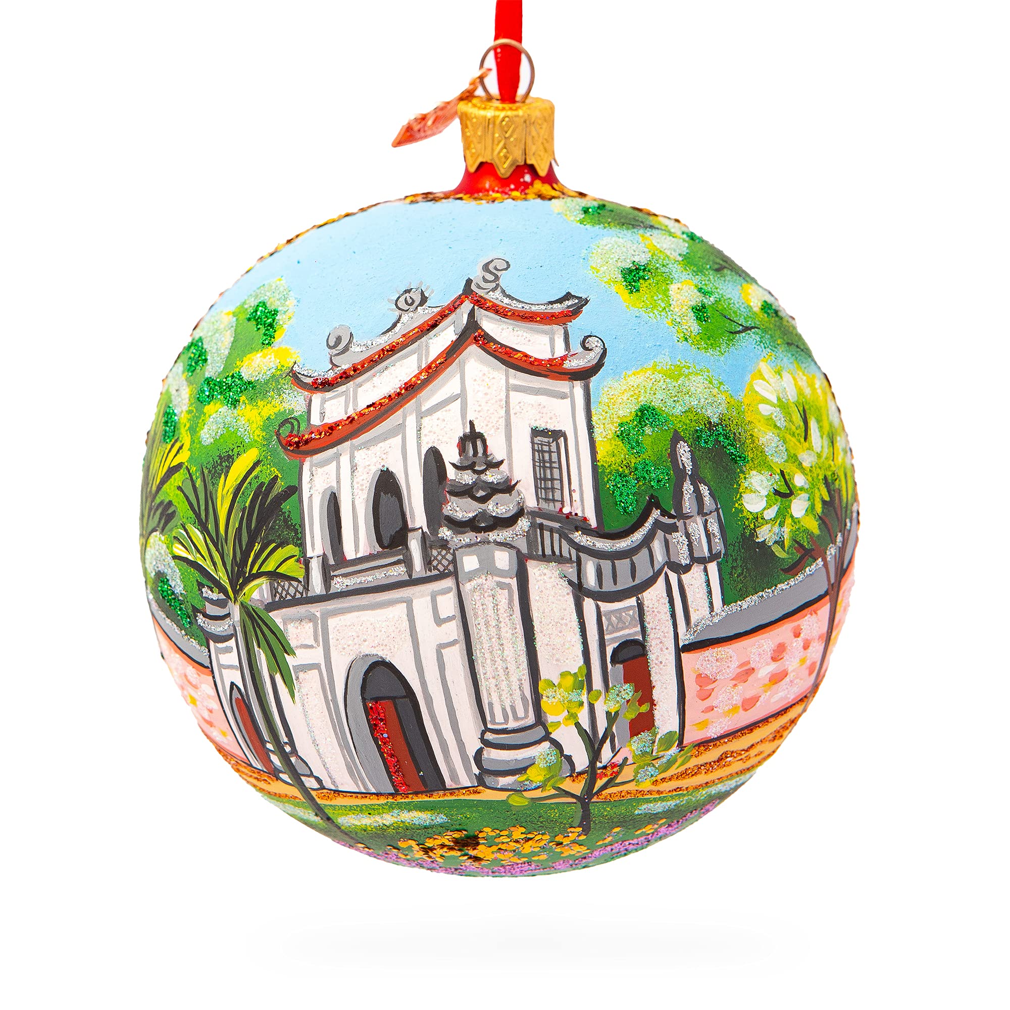 Boule de Noël Hanoï ornement sapin verre peinte main Vietnam BestPysanky 4 pouces