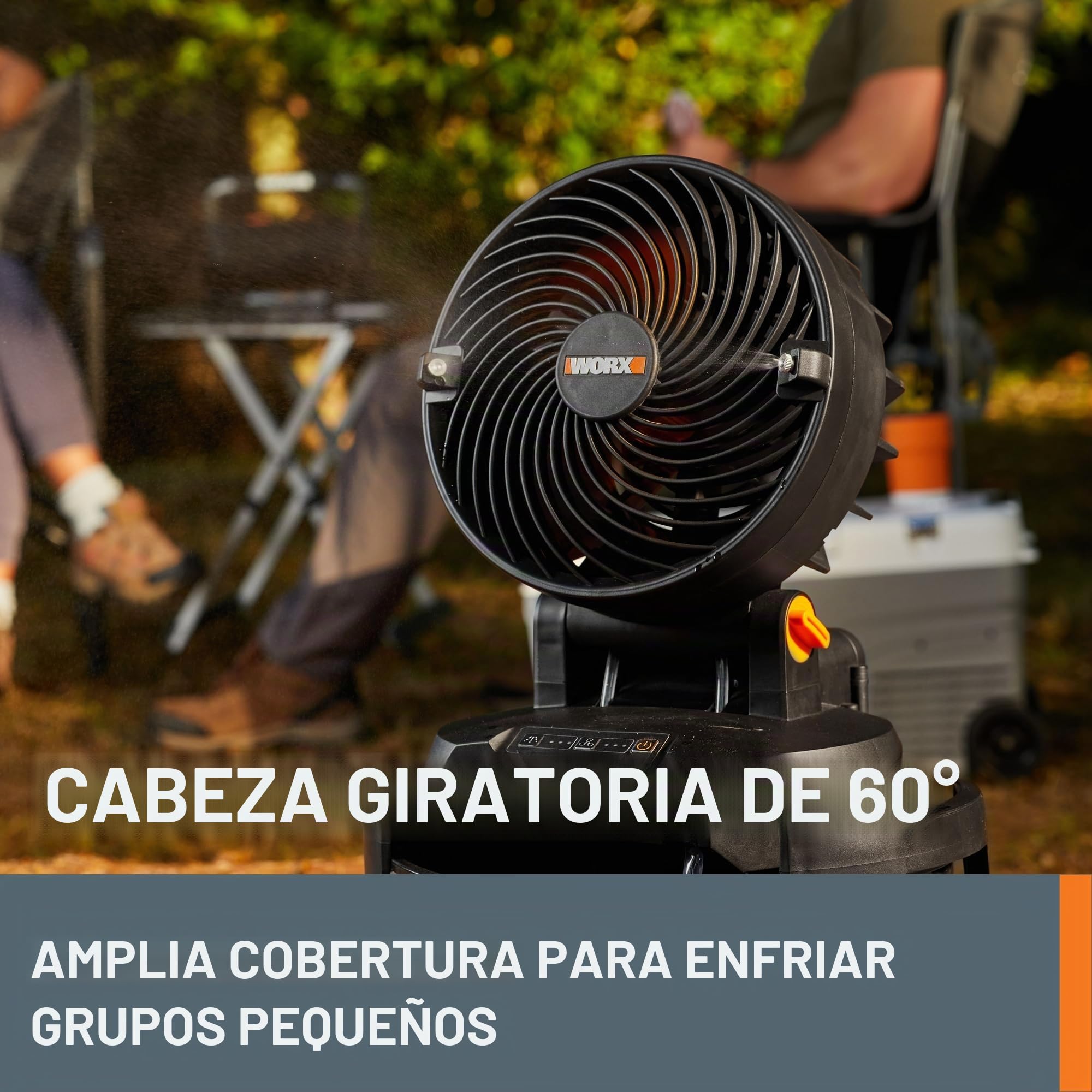 WORX Ventilador de nebulización inalámbrico de 20 V con 3 velocidades y 3 ajustes de niebla, ventilador portátil con tapa de cubeta máxima de 15 pies, ventilador ligero y silencioso que funciona con