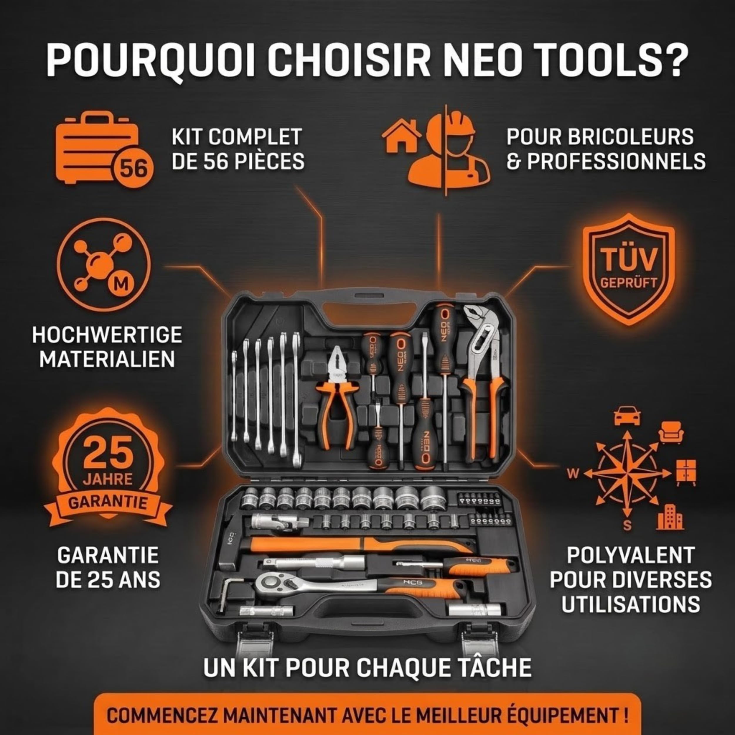 Mallette à outils professionnelle 56 pièces Neo Mallette à outils pour ménage 2 pièces - Mallette en plastique robuste - Outils à main - Grand assortiment de tournevis