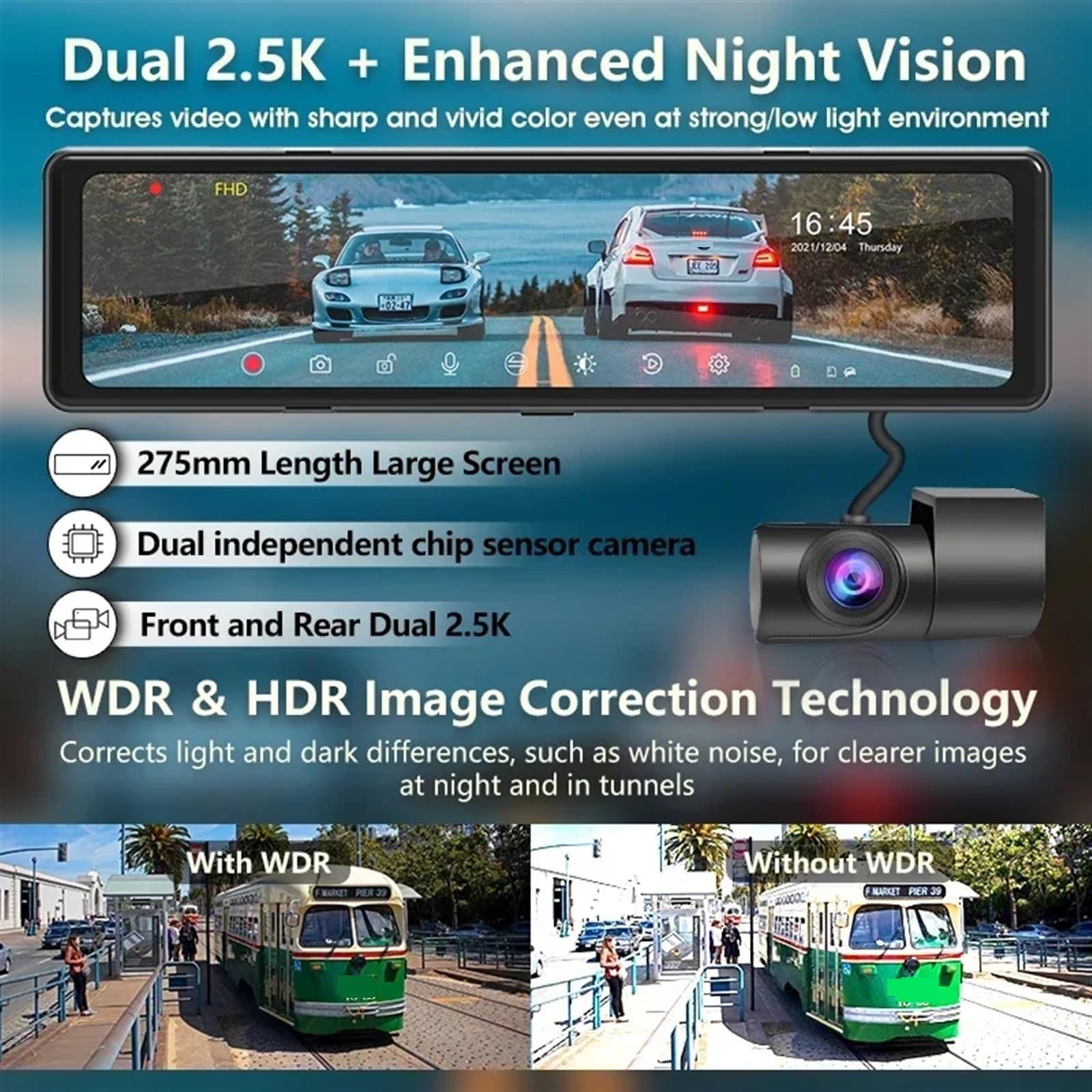 MESKEL Dash Cam Dashcam per Auto DVR da 11" con Fotocamera Frontale Staccata 2,5K Specchietto Retrovisore GPS Doppia Lente Backup 2,5K 256G Max Dashcam(C,256G)