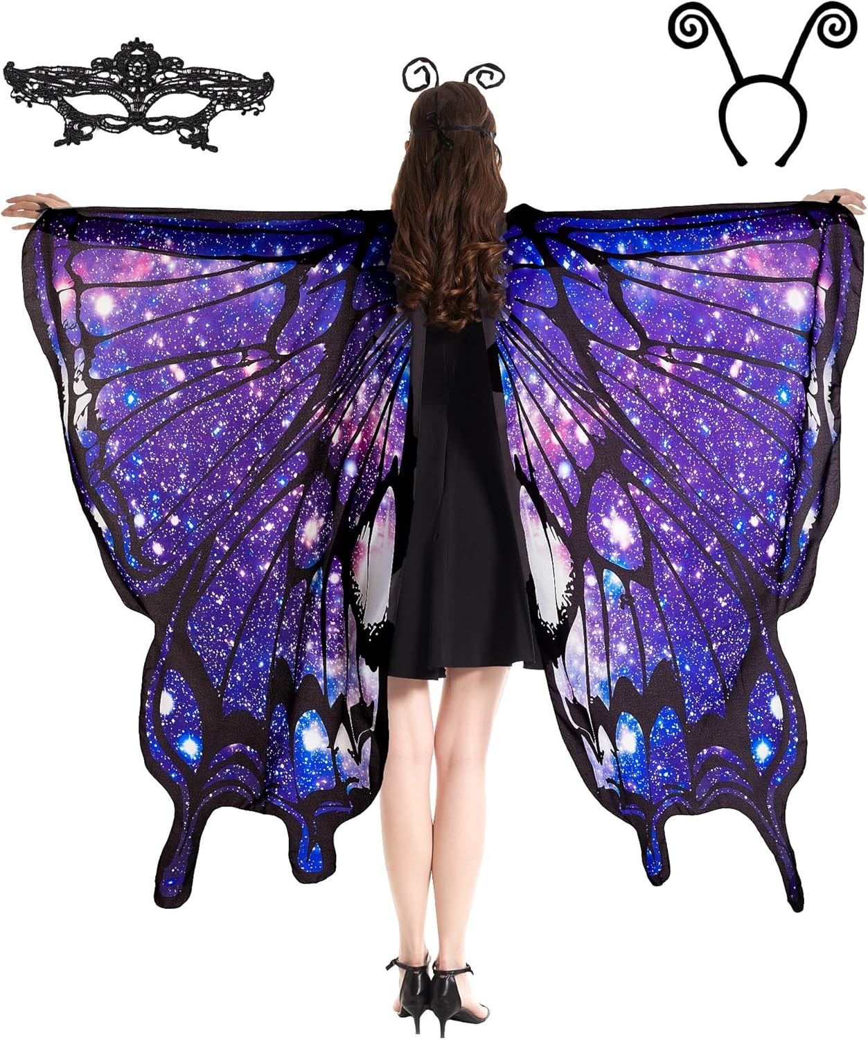 Tibeha Halloween Butterfly Costume for Women - Adult Wings Cape Shawl with Lace Mask and Antenna Headband Purple-5237-masp