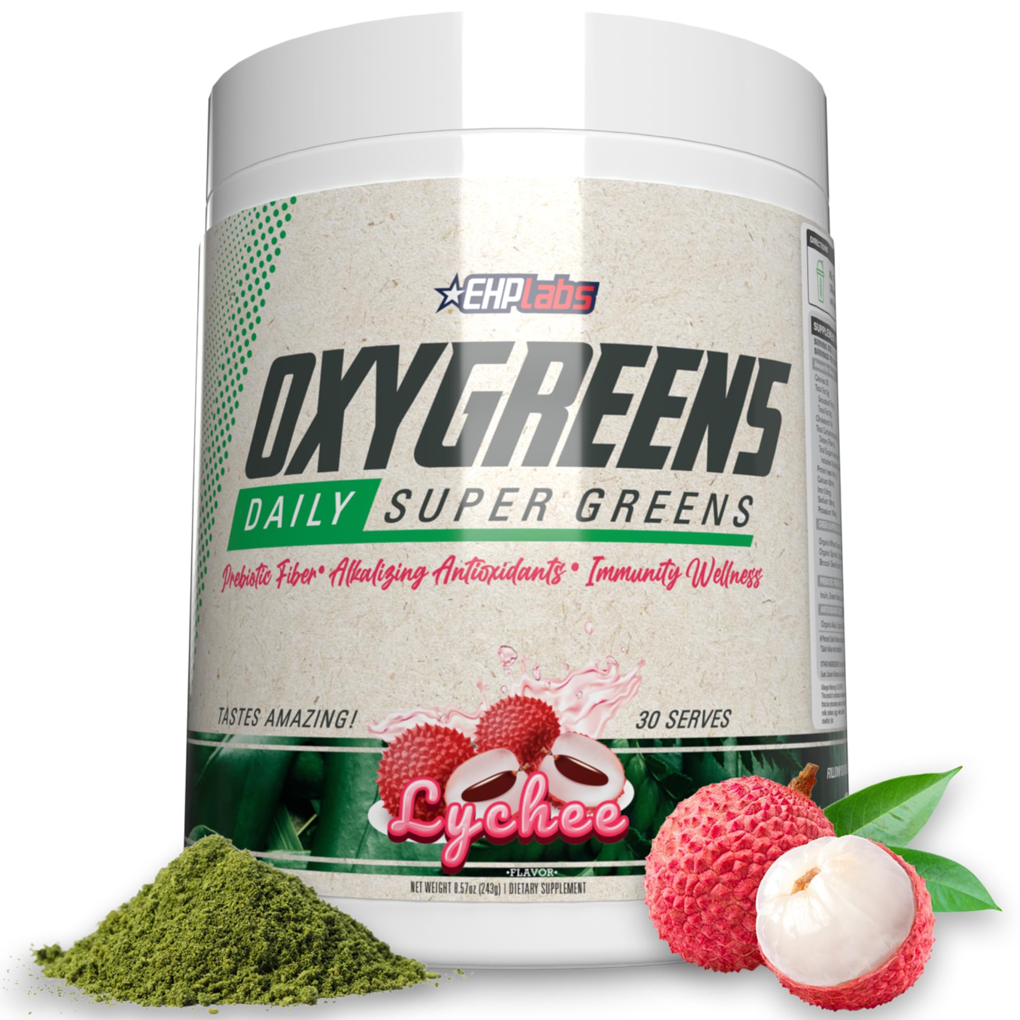 EHP Labs OxyGreens Super Greens Powder - Spirulina & Chlorella Superfood, Green Juice Powder & Greens Supplements with Prebiotic Fibre, Antioxidants & Immunity Support, 30 Serves (Lychee)