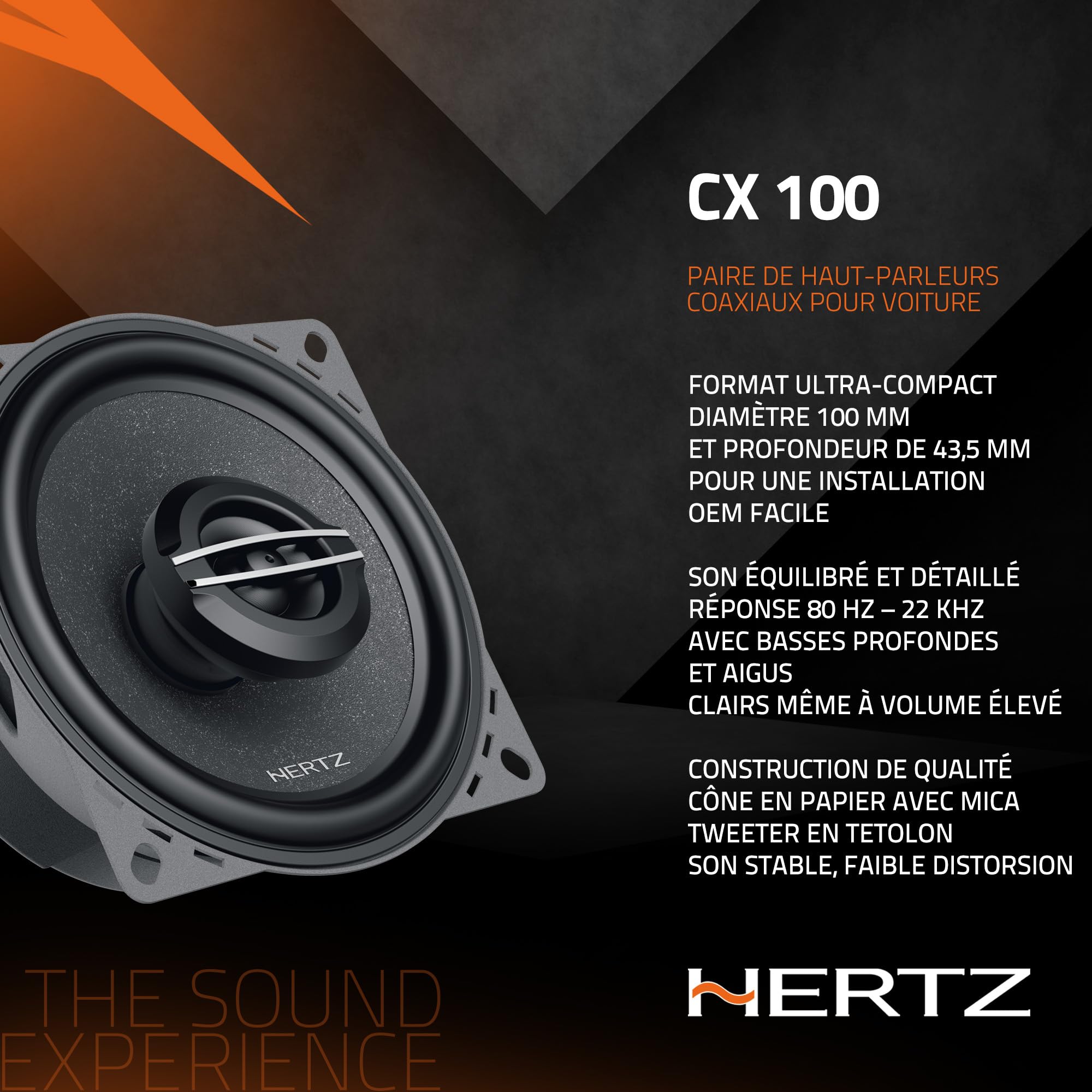 Hertz CX 100 Haut-Parleurs Coaxiaux 2 Voies 100 mm avec Tweeter PEI 24 mm et Woofer Papier Mica Semi-Pressé, 40 Watts RMS, 4 Ohms, Argenté, Format Compact pour Montage OEM Voiture