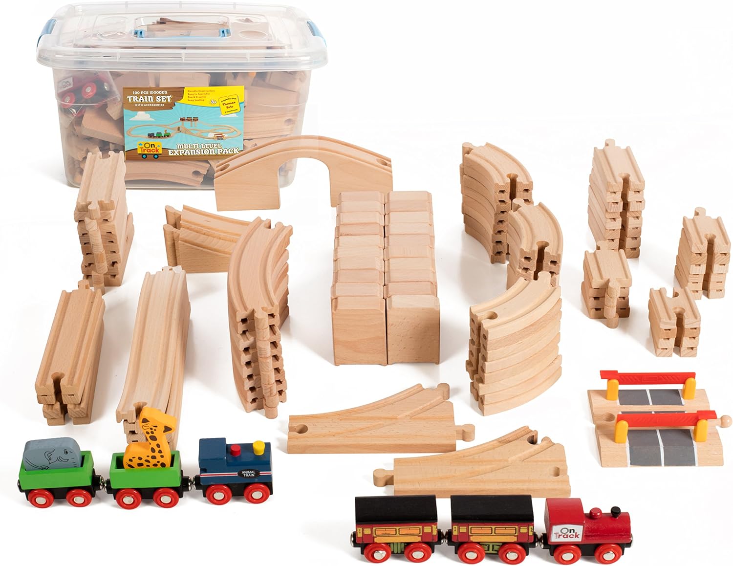 Buу 1 gеt 1 🔥 On Track USA Wooden Train Set 100 Piece Expansion Pack Train Track Set with Magnetic Engine Train Cars and Zoo Train, Compatible with All Major Brands, Comes in a Storage Container