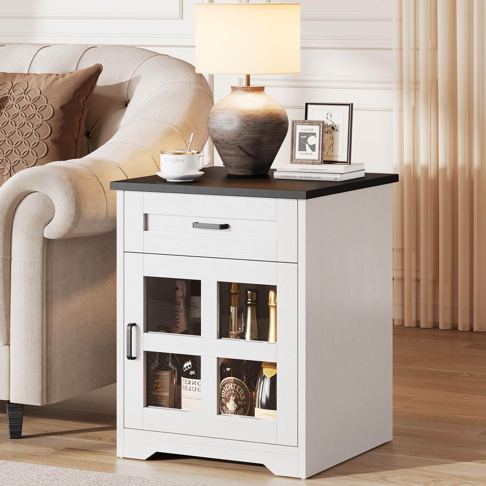 Farmhouse End Table, 18" Side Table with Drawer and Barn Door Storage, Wood Sofa Side Bedside Table for Living Room, Bedroom (White)