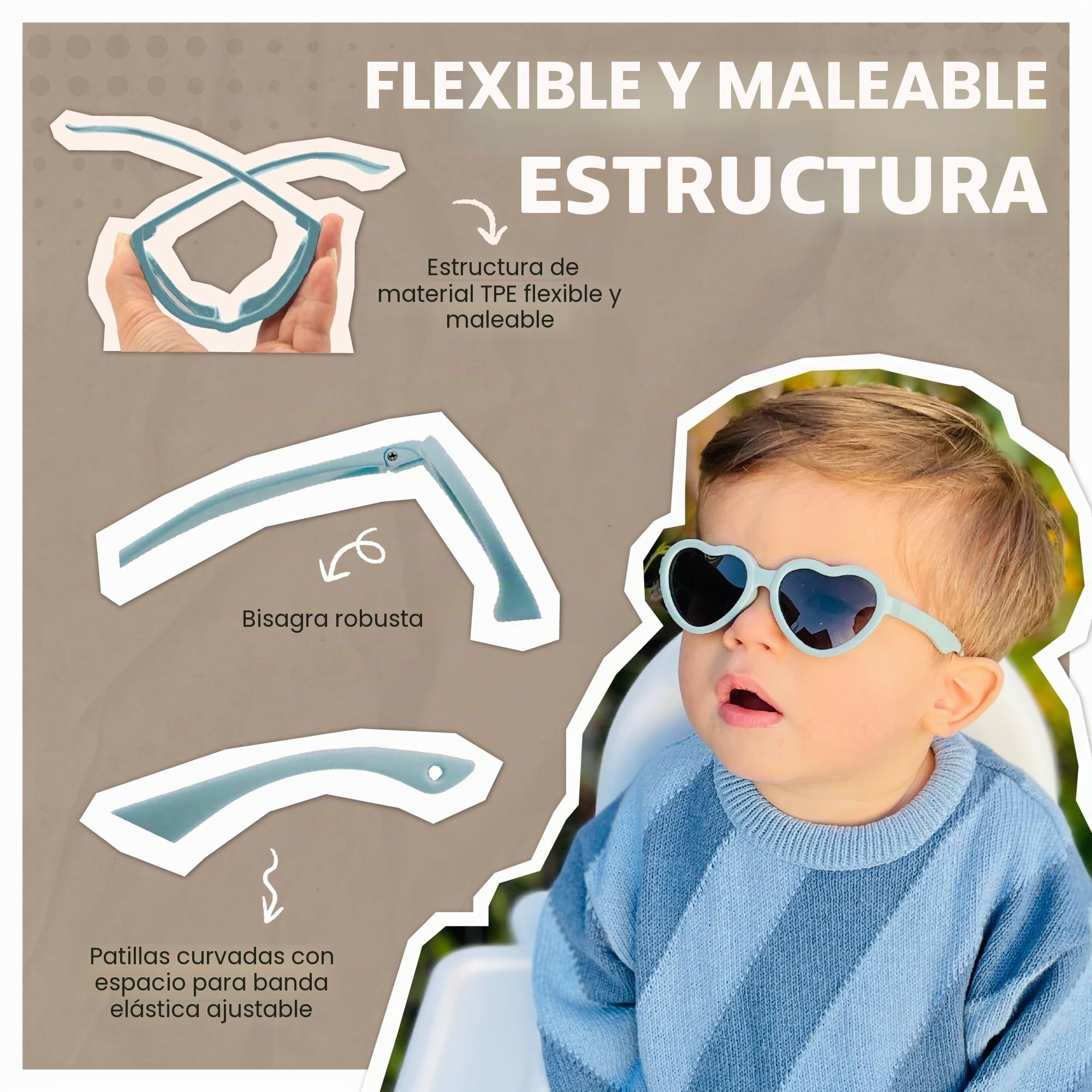 Gafas de Sol para Bebé, 0-2 Años, Protección Polarizada UV400, Montura Flexible y Blanda, Cinta Elástica Ajustable, Gafas de Sol Seguras y Cómodas para Bebés, Maes