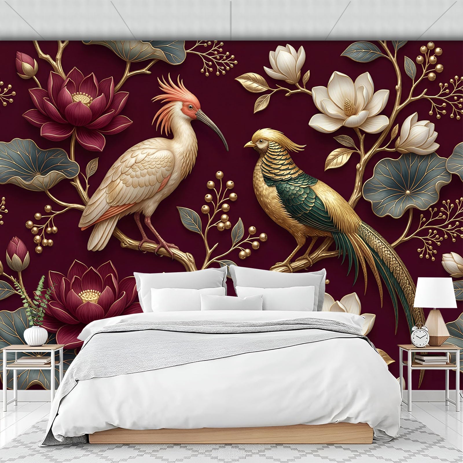 Papier peint 3D panoramique floral rouge et doré 200x140 cm pour salon