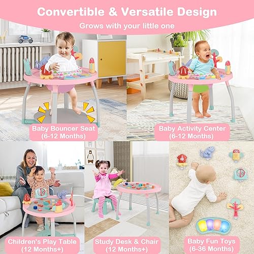 Miniatura 3 de HONEY JOY Centro de actividades para bebés, puente infantil 5 en 1 y mesa de juego de pie con asiento giratorio de 360, 6 juguetes, 3 alturas