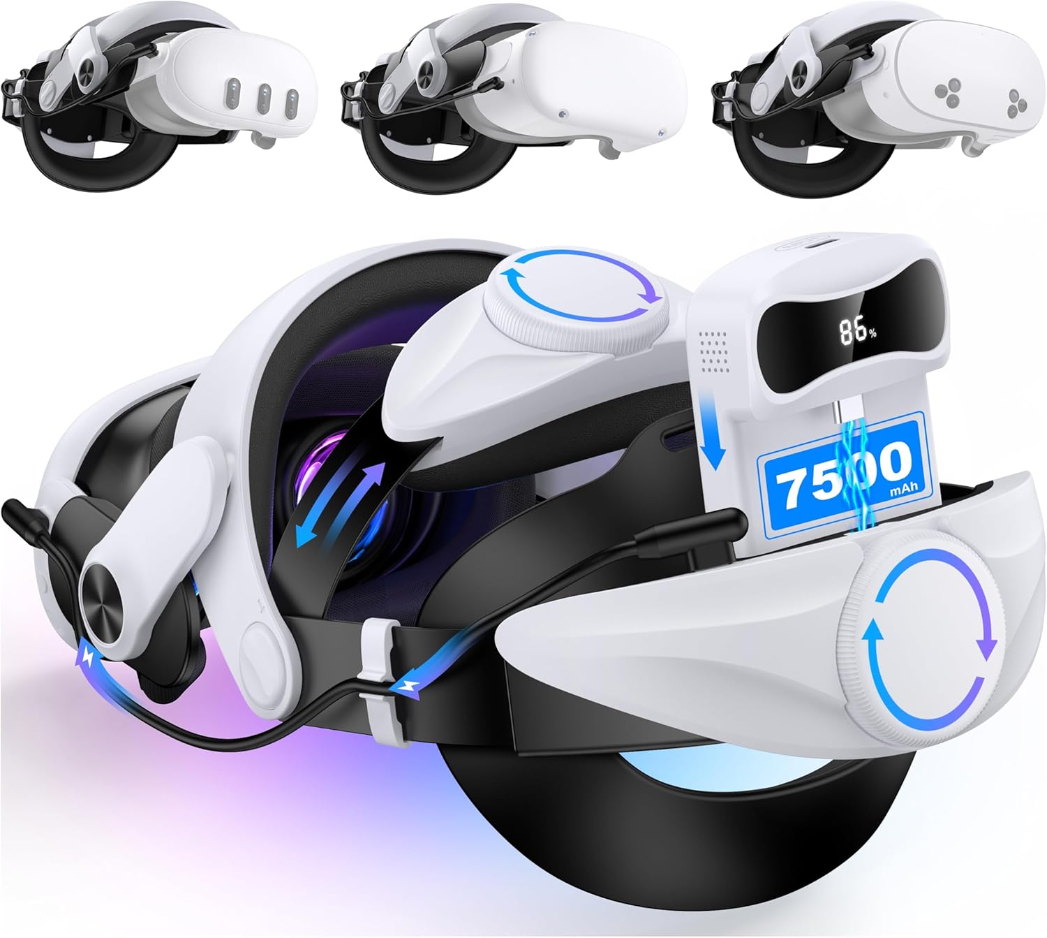 Head Strap with Battery for Meta Quest 3S/Quest 3/Quest 2, Comfor VR Accessory with 2 Adjustable Knobs to Adjust for Head Fit, Elite Strap with 7500mah Battery Pack for Extended 3H of Playtime Head Strap with Battery for Meta Quest 3S/Quest 3/Quest 2, Comfor VR Accessory with 2 Adjustable Knobs to Adjust for Head Fit, Elite Strap with 7500mah Battery Pack for Extended 3H of Playtime