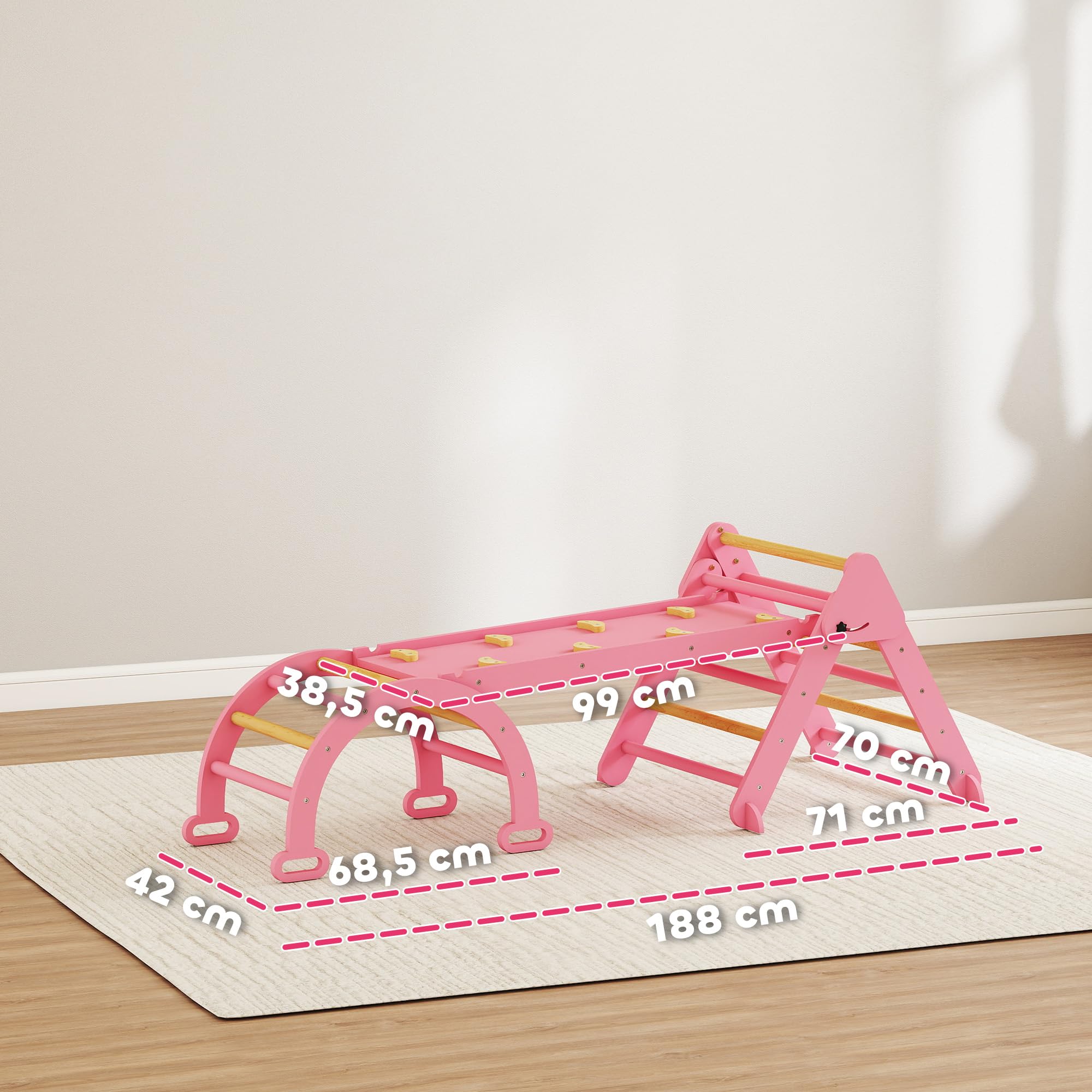 AIYAPLAY 7 en 1 Triángulo de Escalada Montessori con Arco y Rampa, Escalada para Niños de Madera Plegable, para 18-48 Meses, para Deslizarse o Escalar, 188x70 cm, Rosa