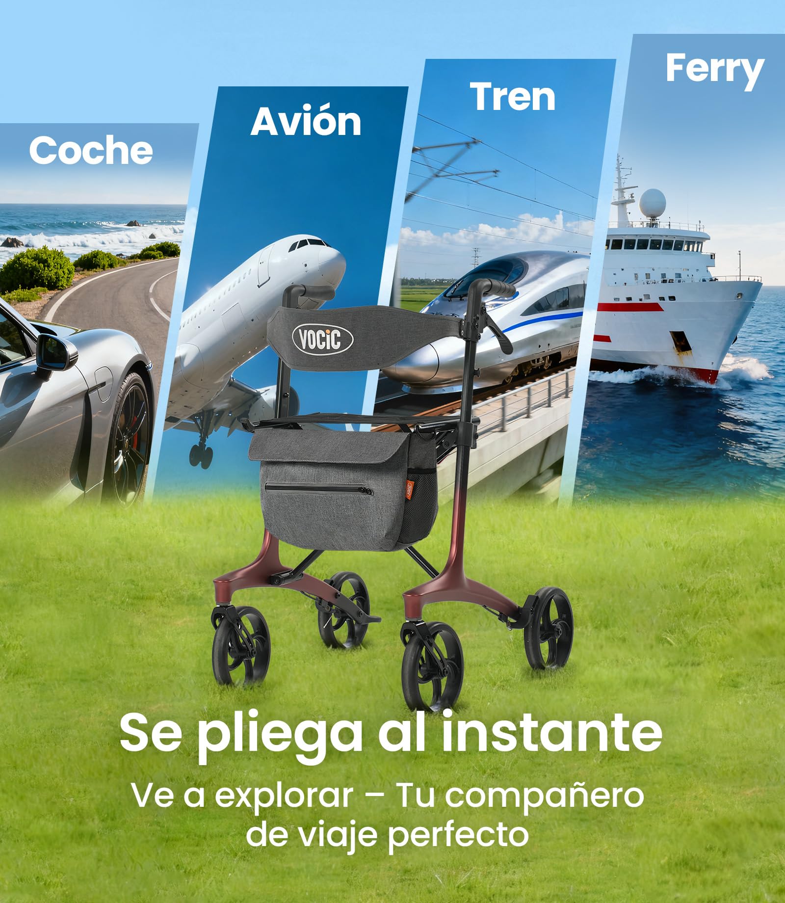 VOCIC Z75 Rollator carbono plegable ligero con asiento, 5,5 kg Ultraligero | andador plegable para ancianos con ruedas, Rollator estrecho interior & exterior, Max 136kg, 5 años de soporte, rojo