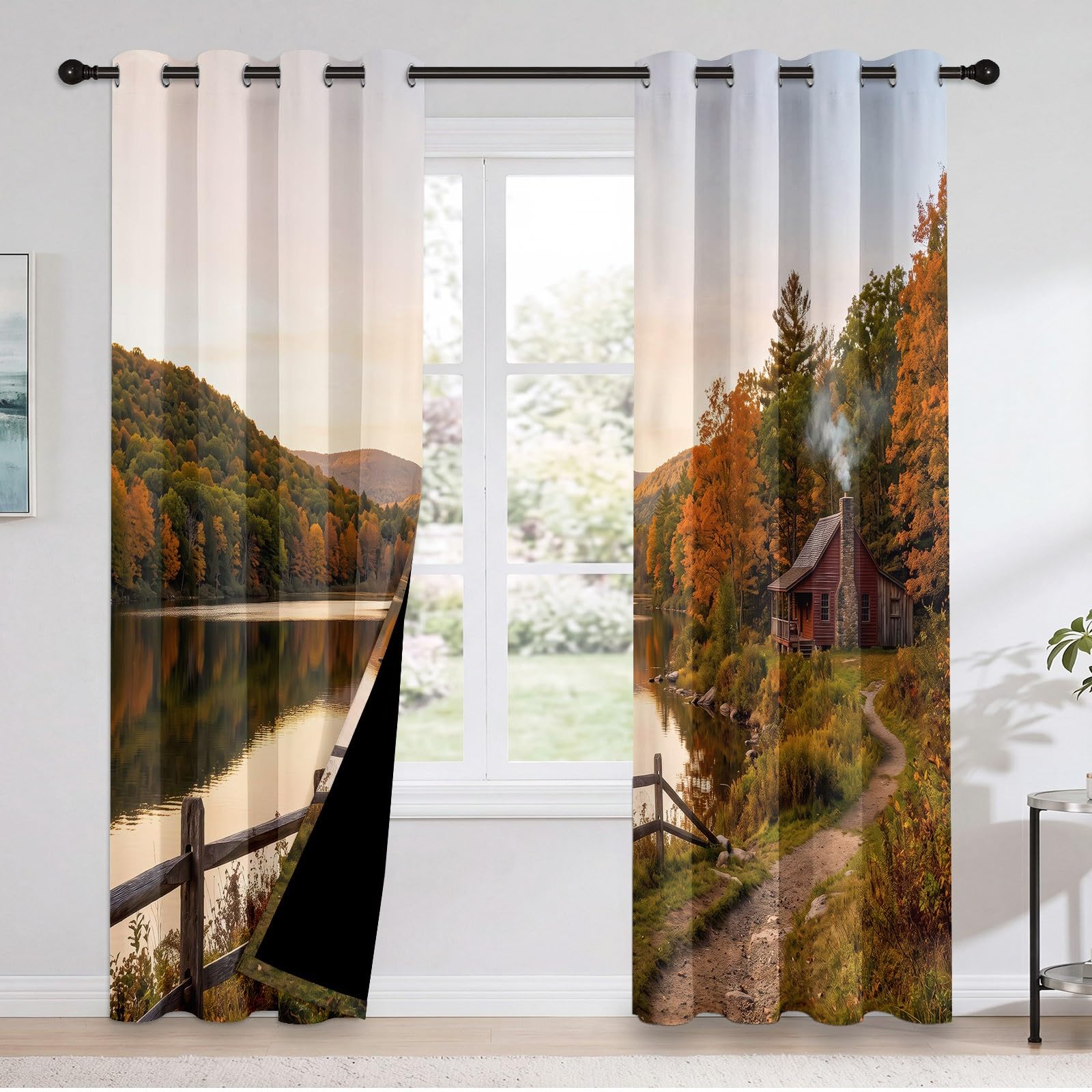 Rideaux Occultants Plante 75L X 166H cm (2 Panneaux), Isolation Thermique Fixation par Oeillets Coucher De Soleil d'automne Rustique & Cabane pour Salle De Séjour, Marron