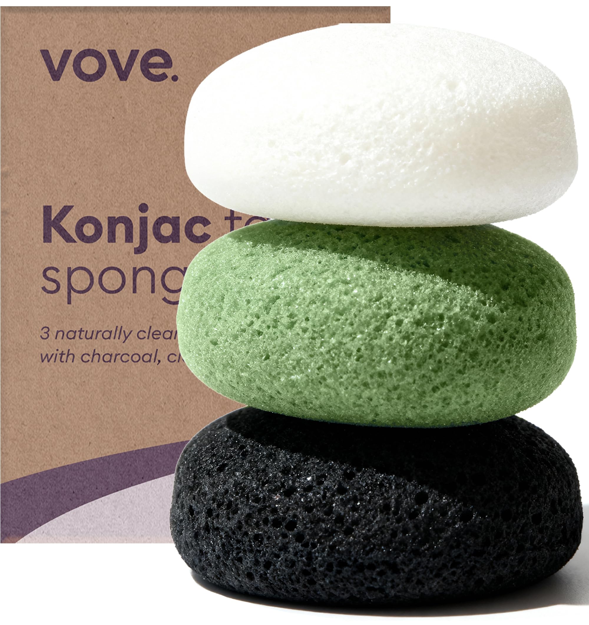 Vove Organic Konjac Facial Sponges, Pack of 3 - Exfoliating Face Sponges with Bamboo Charcoal & Green Clay, Gentle for All Skin Types, Natural Vegan Skincare, Certified Organic