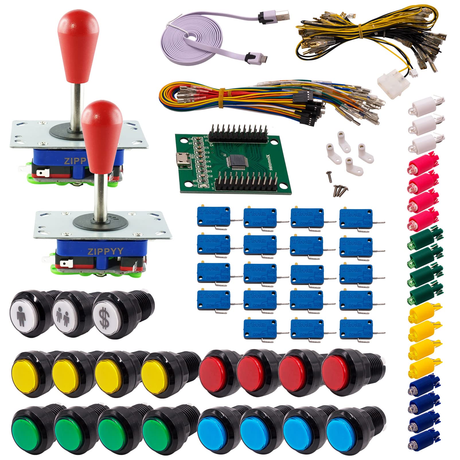 Kit Joystick e Pulsanti Arcade 2 Giocatori Luminosi Pulsanti Neri 2 Joystick Zippyy Gambi Lunghi Pere Carta XinMoTek Videogiochi Retro Gaming