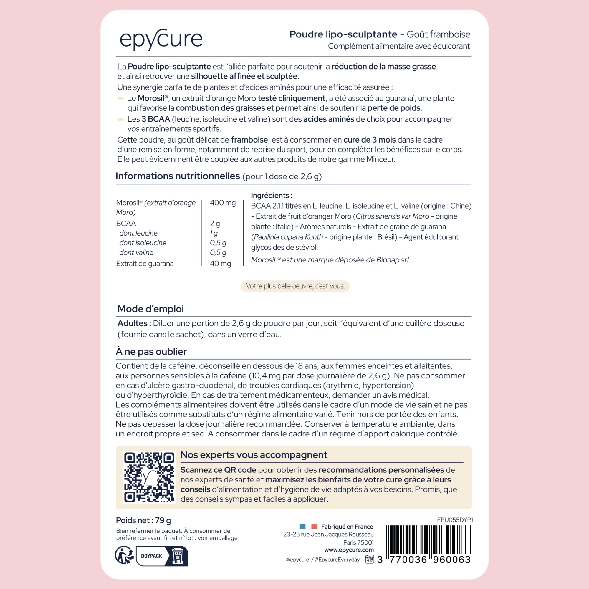 EPYCURE - Poudre Lipo Sculptante - 100% Naturel - Silhouette et Tonicité Musculaire - Morosil® 400mg, BCAA, Guarana - 1 Mois - Vegan - Fabriquée en France