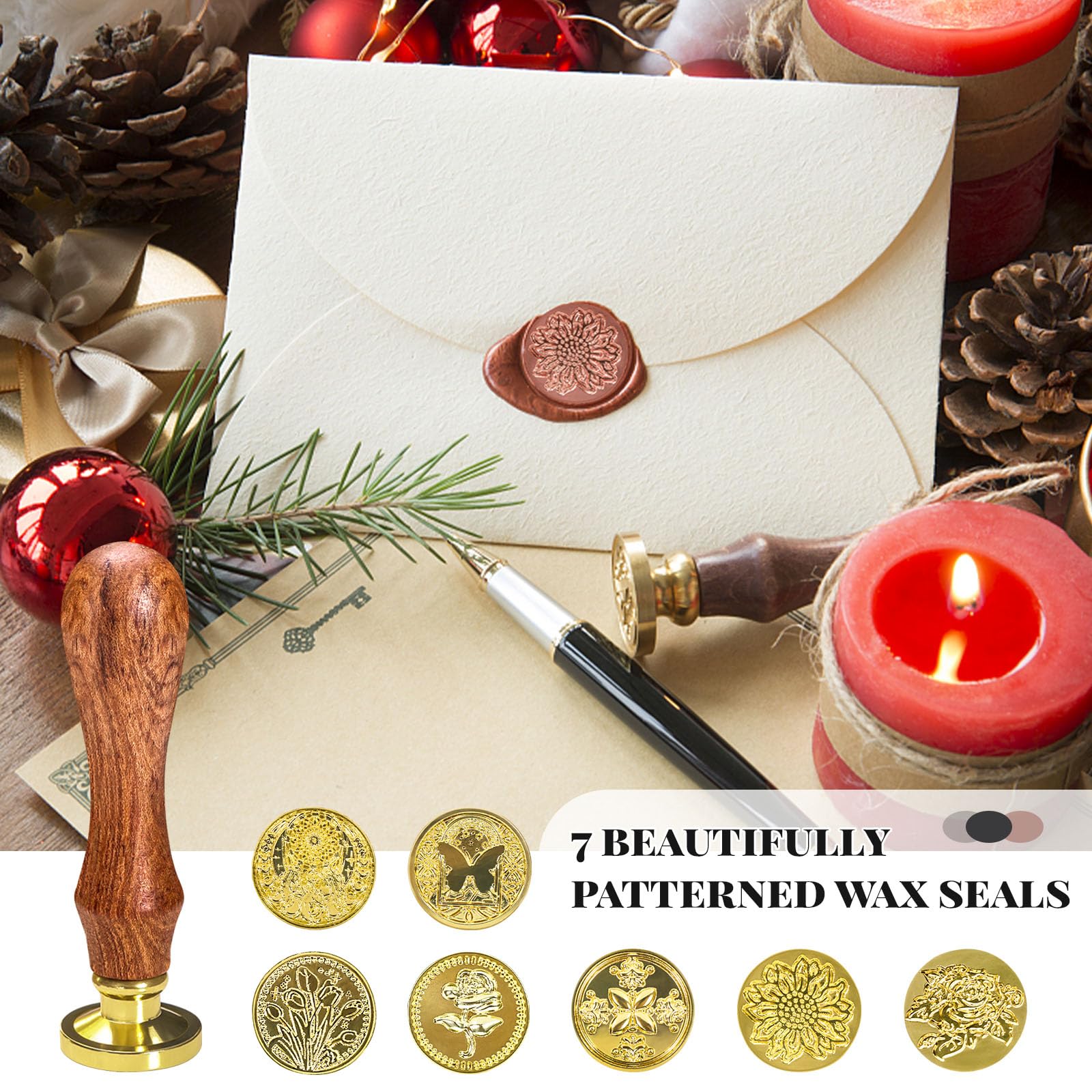 Betinyar Wax Seal Stamp Set, 7pcs Wax Stamp Heads with Wooden Handle, Wax Envelope Seal Stamp Kit for Wedding Party Invitation Card - Image 4