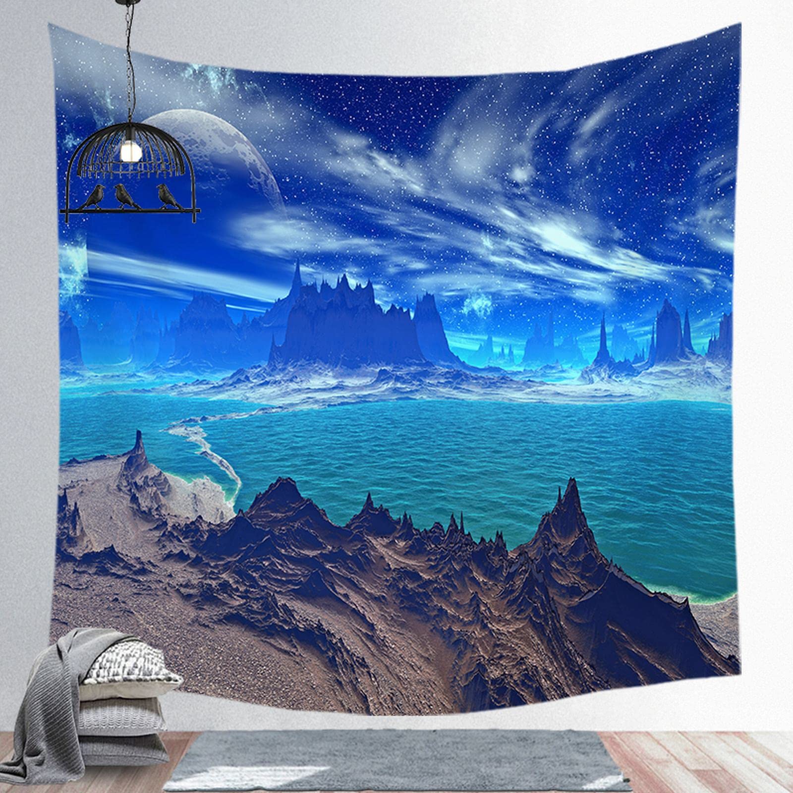 Isdreem Wall Cloth Picture Tapestries for Bedroom Aesthetic Sci-Fi Landscape Funny Tapestry Nature Camping Blue Hanging Blanket Fabric Art Decorations 100x70cm