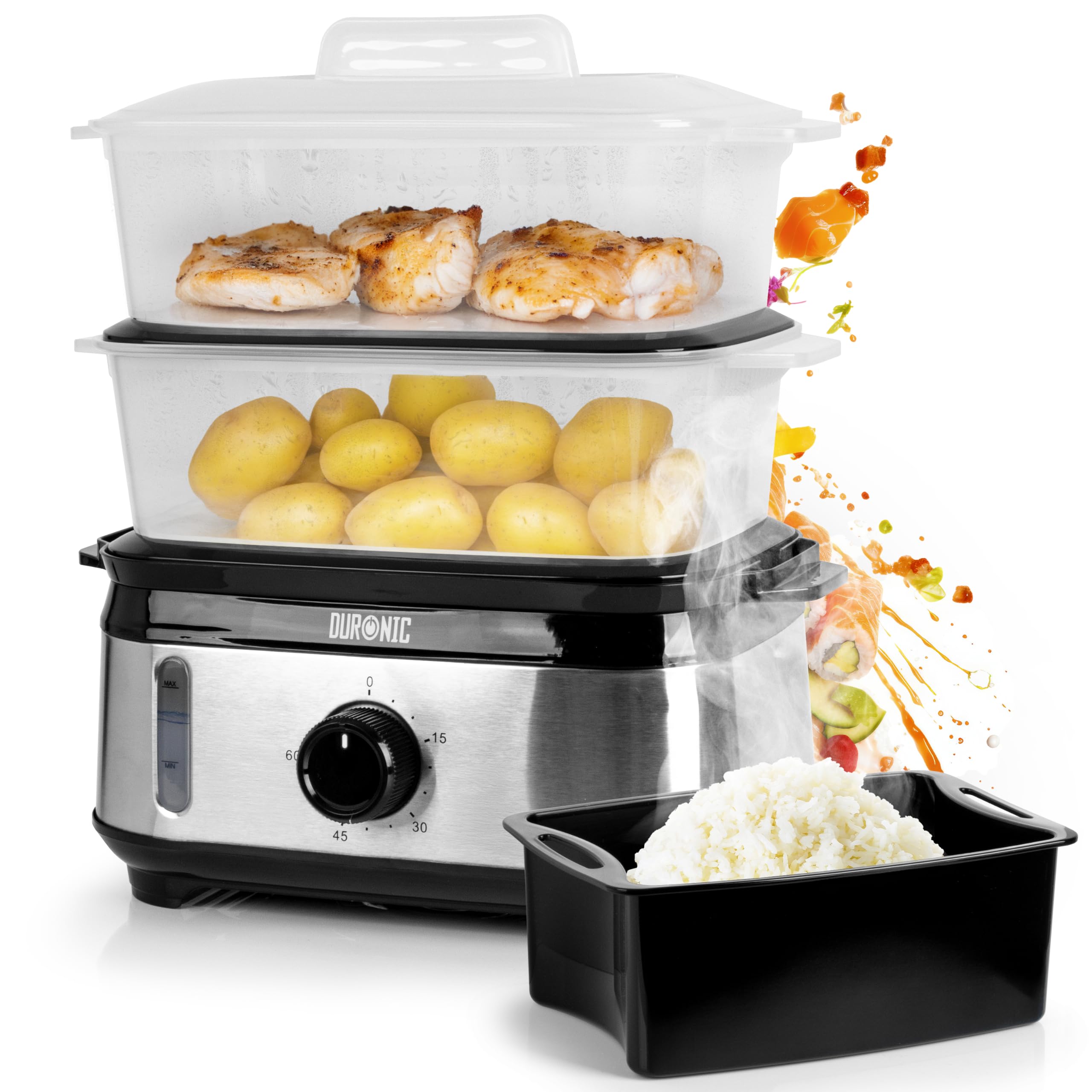 Duronic FS93 BK Black Electric Food Steamer, 2-Tier 6L Steam Cooker with Rice Bowl & 60-Min Timer, 950W BPA-Free Countertop Vegetable Steamer for Fish, Meat, Rice, Eggs, Dumplings, Momos & Baby Food