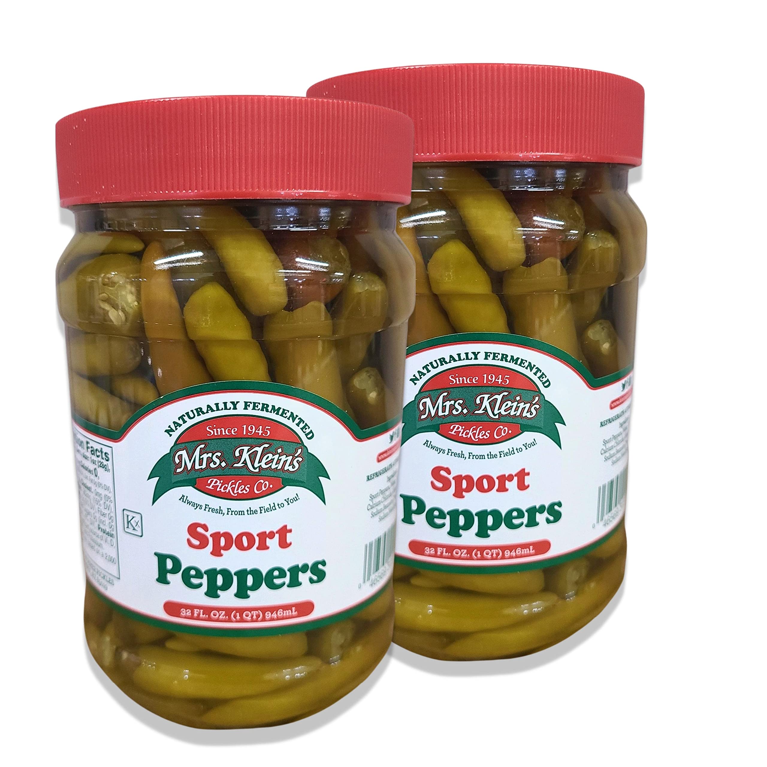Mrs. Klein's Sport Peppers For Chicago Dogs, Bulk 64 oz (32oz Pack of 2) |These Hot Chicago sport peppers are spicy and tangy & perfect for your hot dog bun along with sweet green relish | Kosher, Vegan, Gluten Free