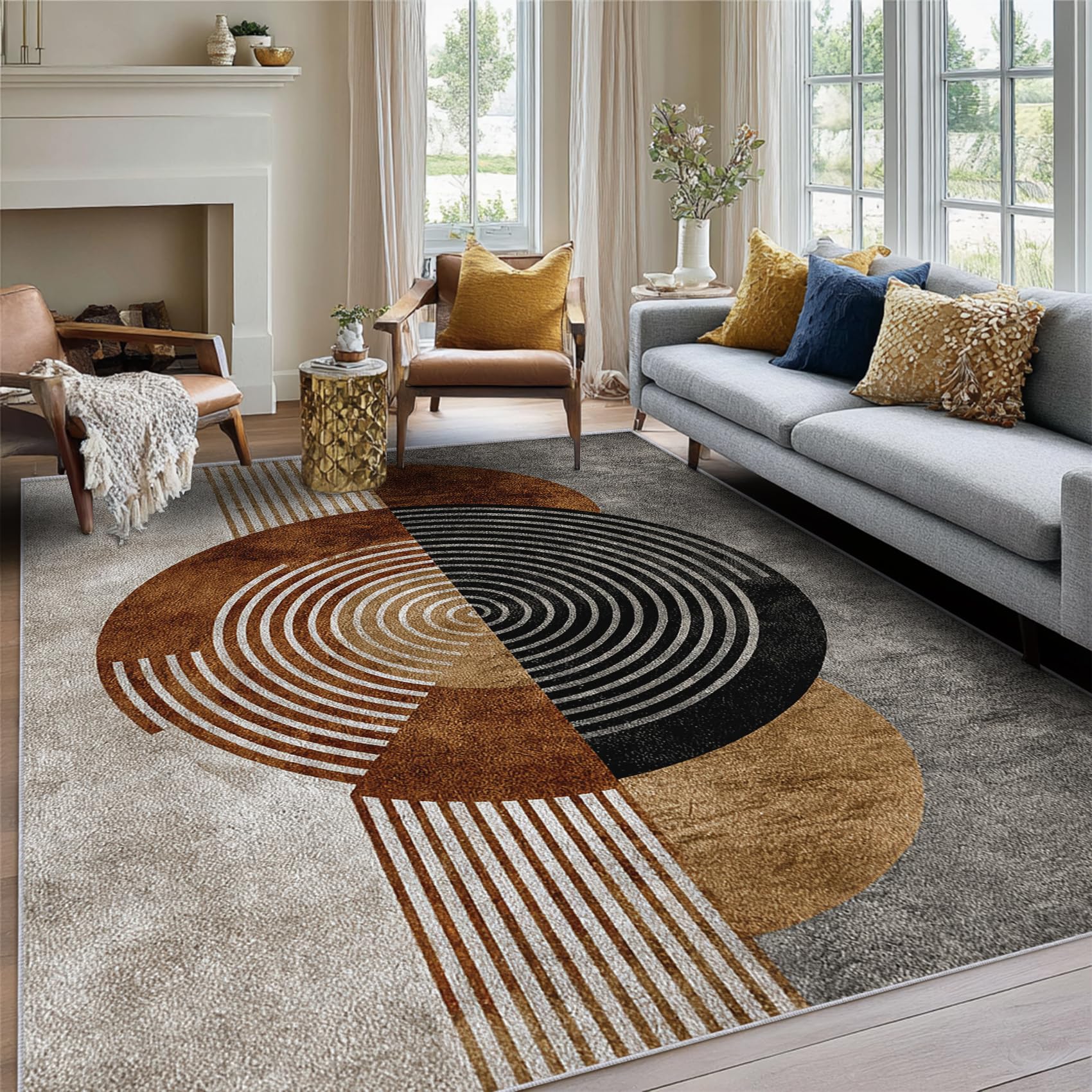 Générique Tapis Salon Mid Century Modern 140x200, Decoration de Chambre Motif Géométrique Rétro, Tapis Lavable en Machine, Doux Antidérapant Poil Ras Grand Carpet CV63